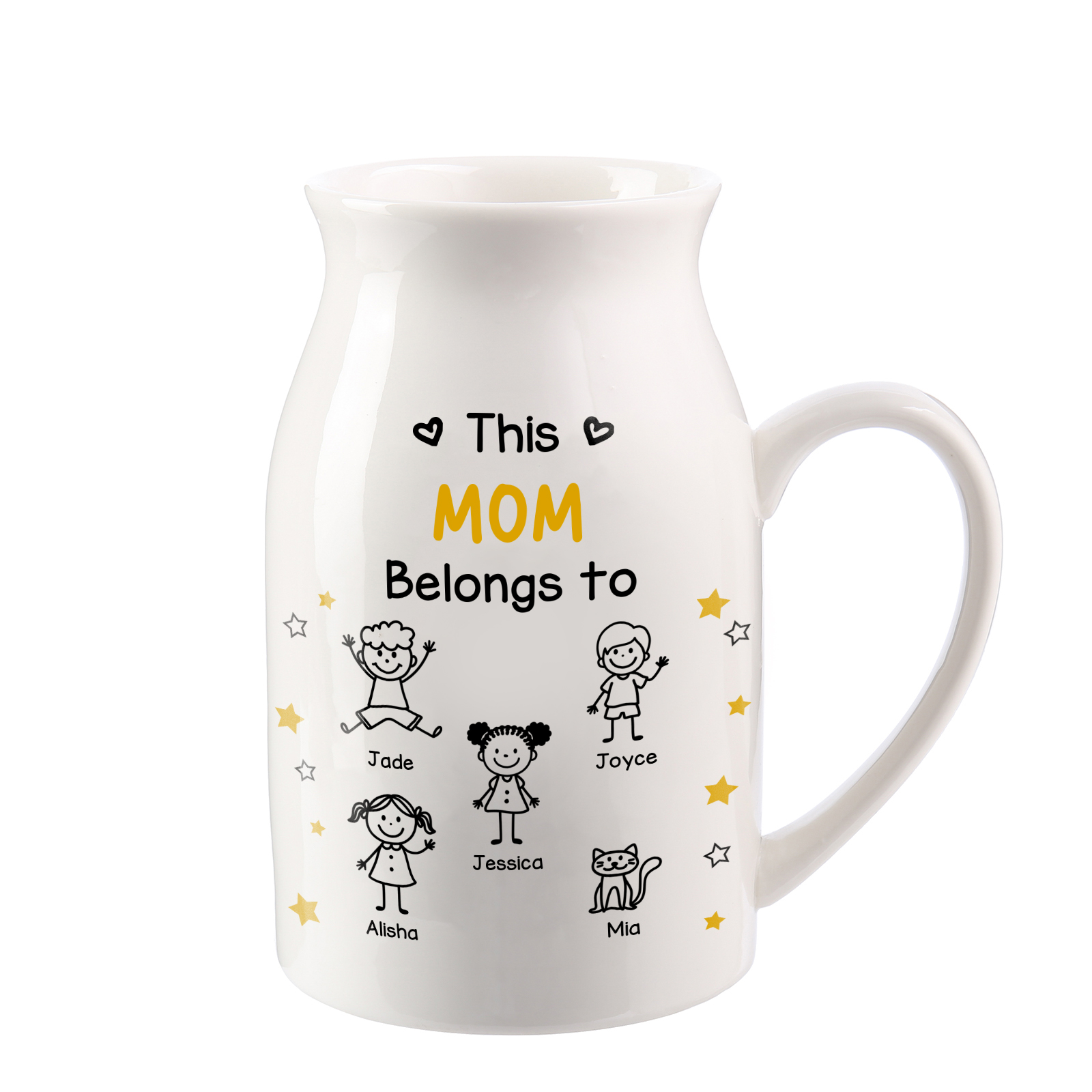 Personalized Ceramic Vase For Grandma Or Mom Customizable With 1-10 Names and Child Figures