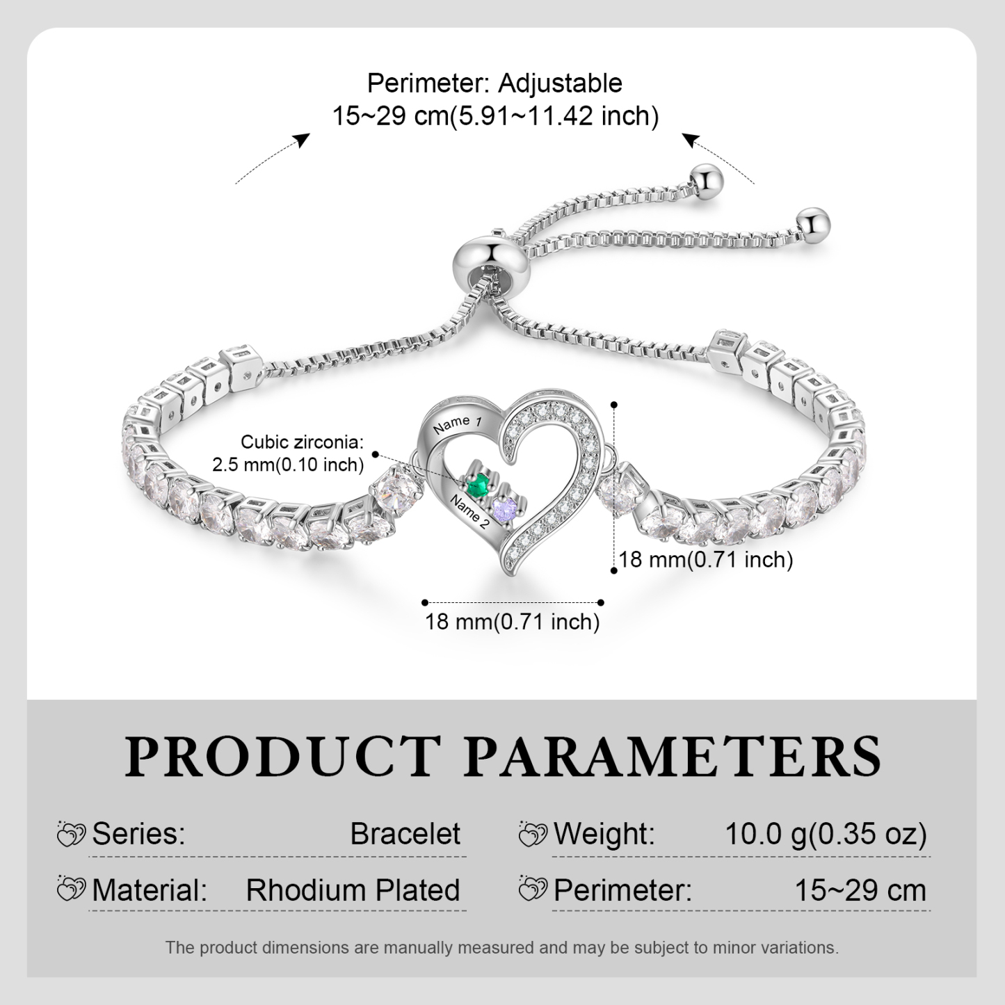Personalized Heart Bracelet with 2-4 Names & CZ Birthstones – Custom Rhodium Plated Gift for Her | Jessemade