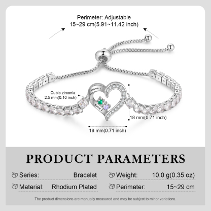 Personalized Heart Bracelet with 2-4 Names & CZ Birthstones – Custom Rhodium Plated Gift for Her | Jessemade