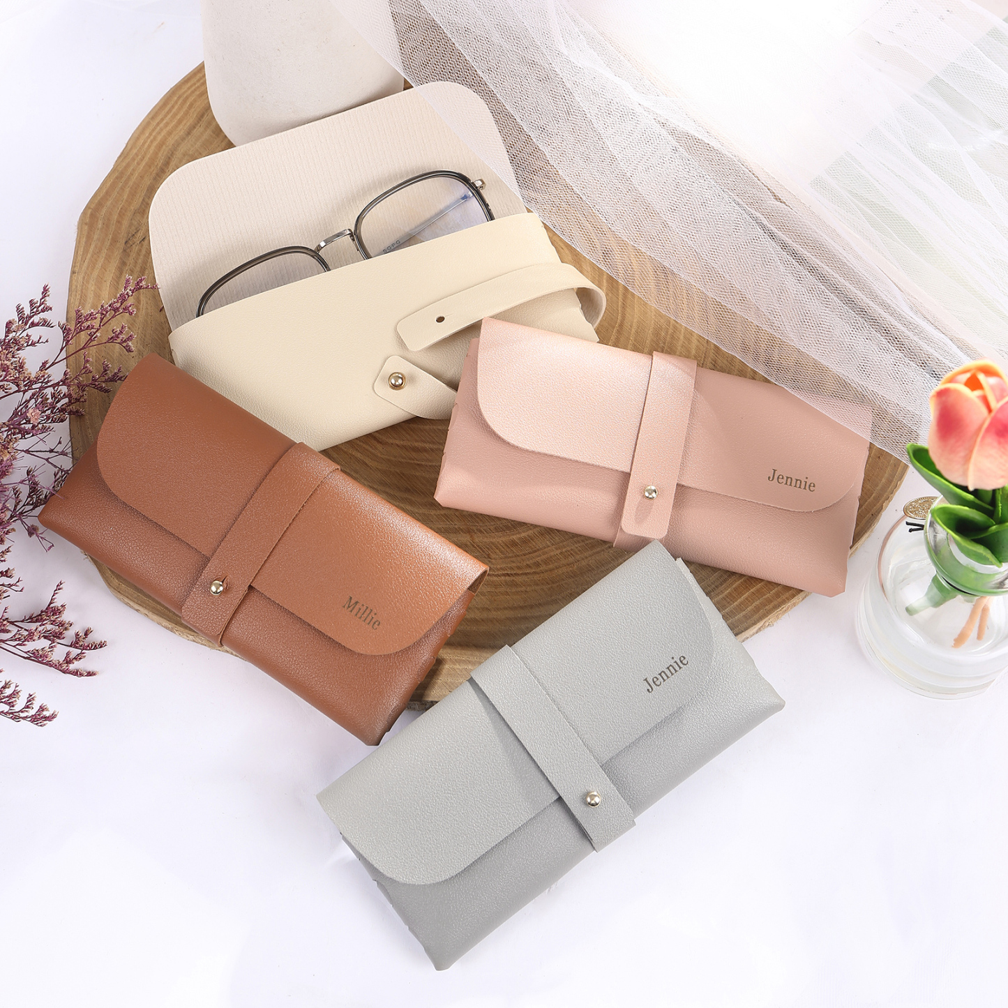 Personalised Glasses Case – Custom Name Available in Pink, Brown, Beige, and Blue | Jessemade