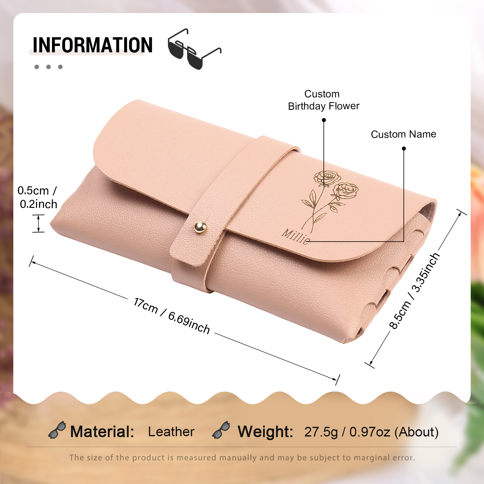 Personalized Glasses Case – Custom Name & Birth Flower, Available in Pink, Brown, Beige, and Blue | Jessemade