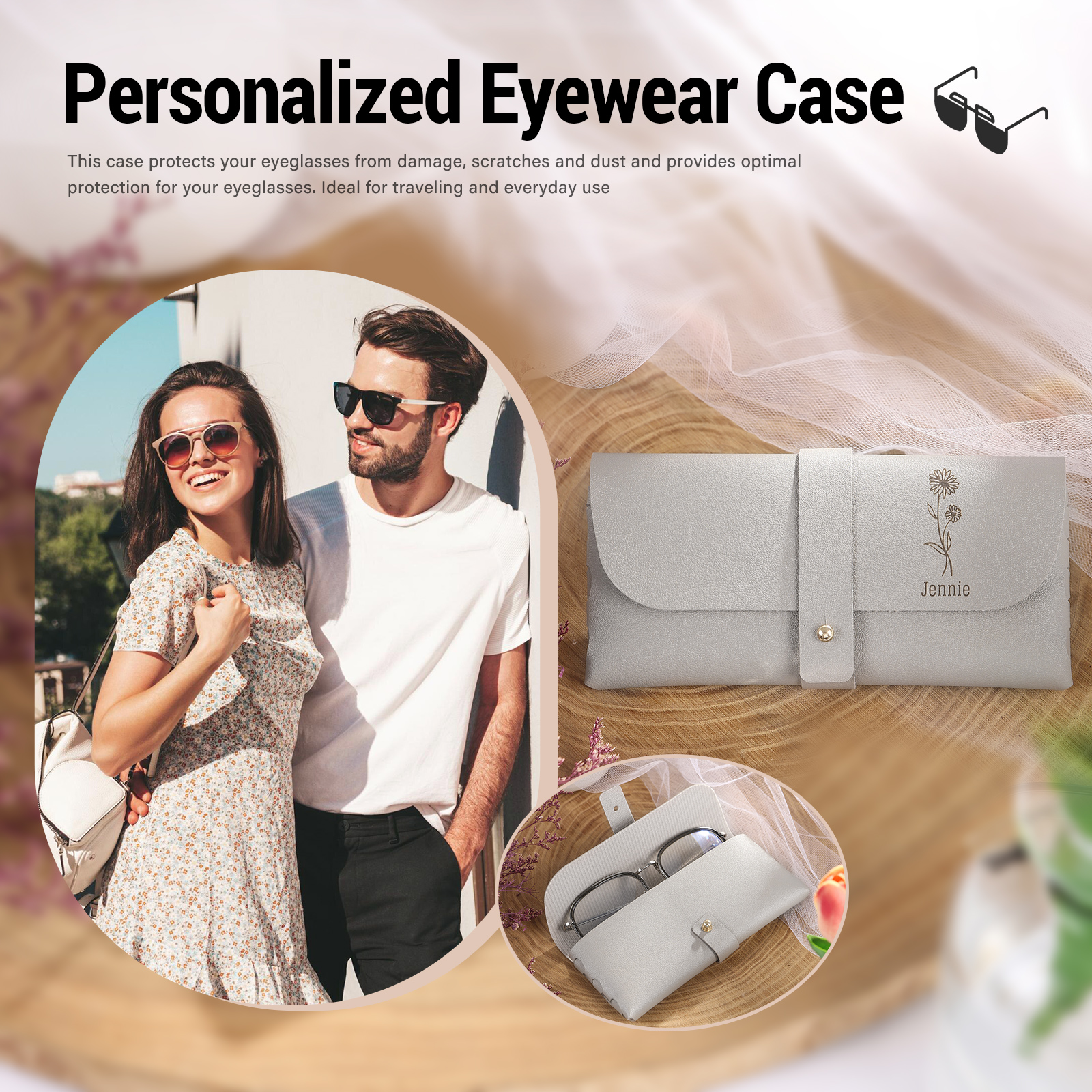 Personalized Glasses Case – Custom Name & Birth Flower, Available in Pink, Brown, Beige, and Blue | Jessemade