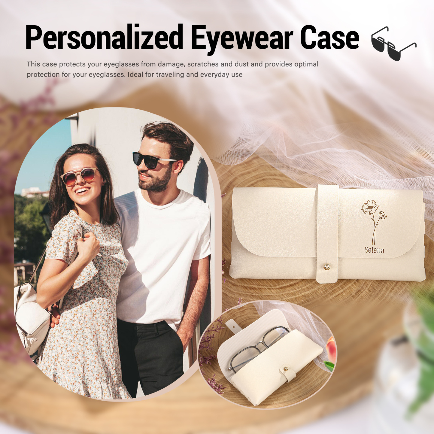 Personalized Glasses Case – Custom Name & Birth Flower, Available in Pink, Brown, Beige, and Blue | Jessemade