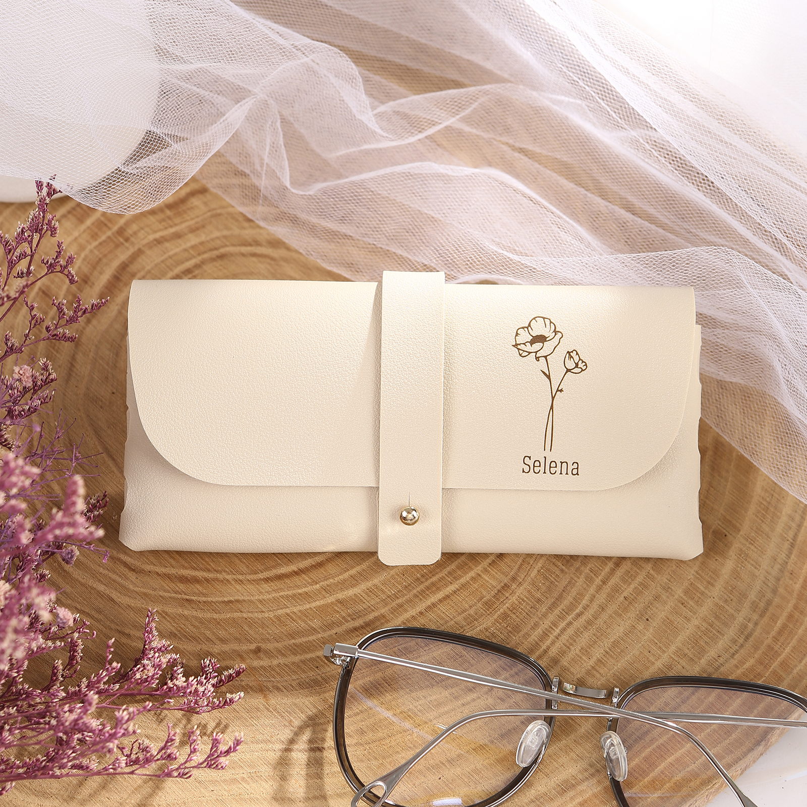 Personalized Glasses Case – Custom Name & Birth Flower, Available in Pink, Brown, Beige, and Blue | Jessemade