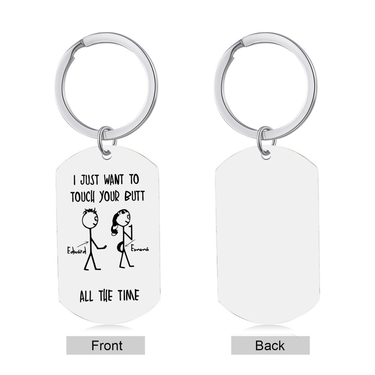 Personalised Keyring with Custom 2 Names - "I Just Want to Touch Your Butt All the Time" Stick Figure Design, Valentine’s Day Gift for Couple | Jessemade