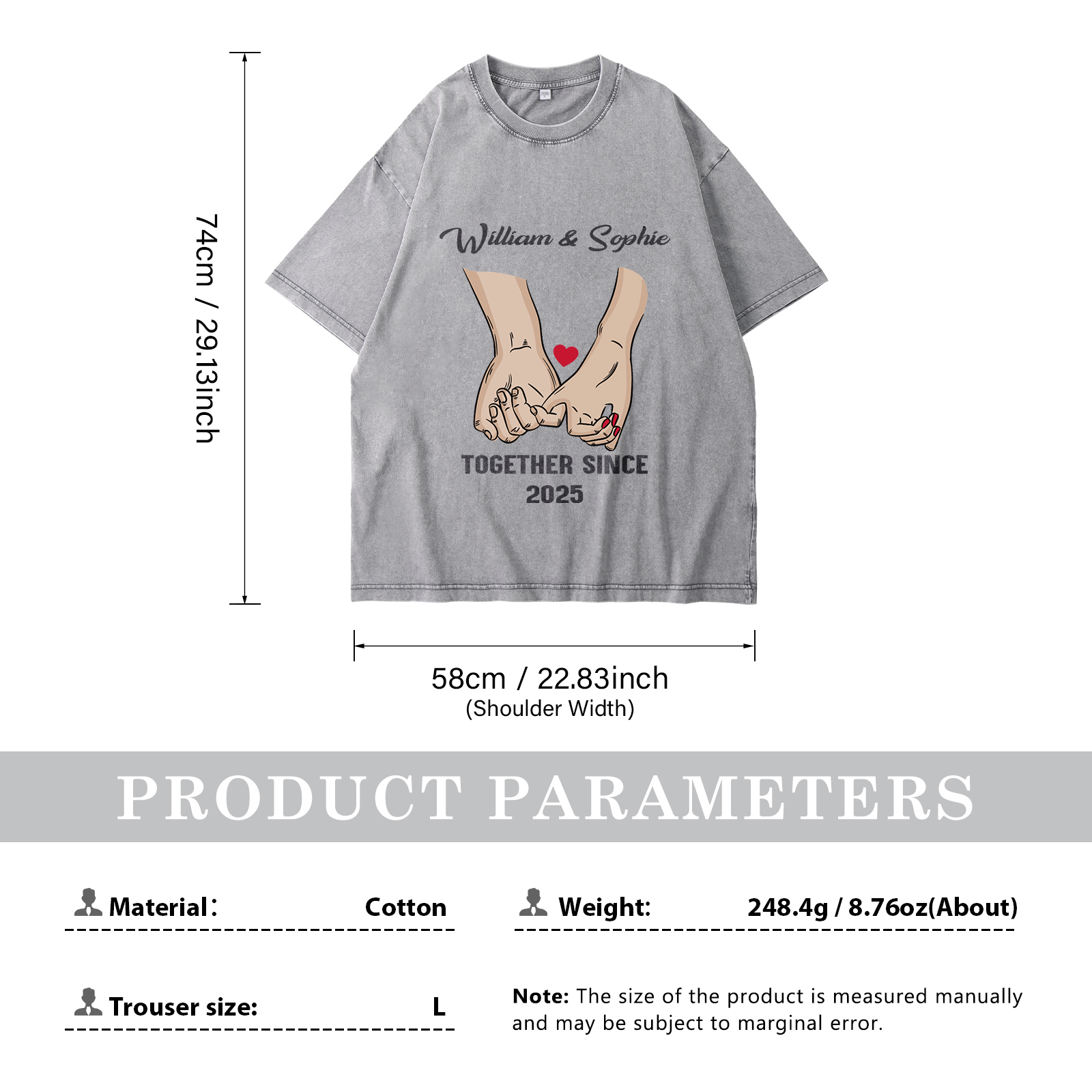 Personalised Couple T-Shirt –  with Custom 2 Names and 1 Date, Hand-in-Hand Graphic – "TOGETHER SINCE" | Valentine’s Day Gift for Him/Her | Jessemade