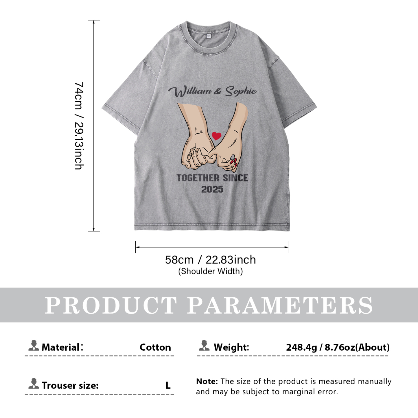 Personalised Couple T-Shirt –  with Custom 2 Names and 1 Date, Hand-in-Hand Graphic – "TOGETHER SINCE" | Valentine’s Day Gift for Him/Her | Jessemade