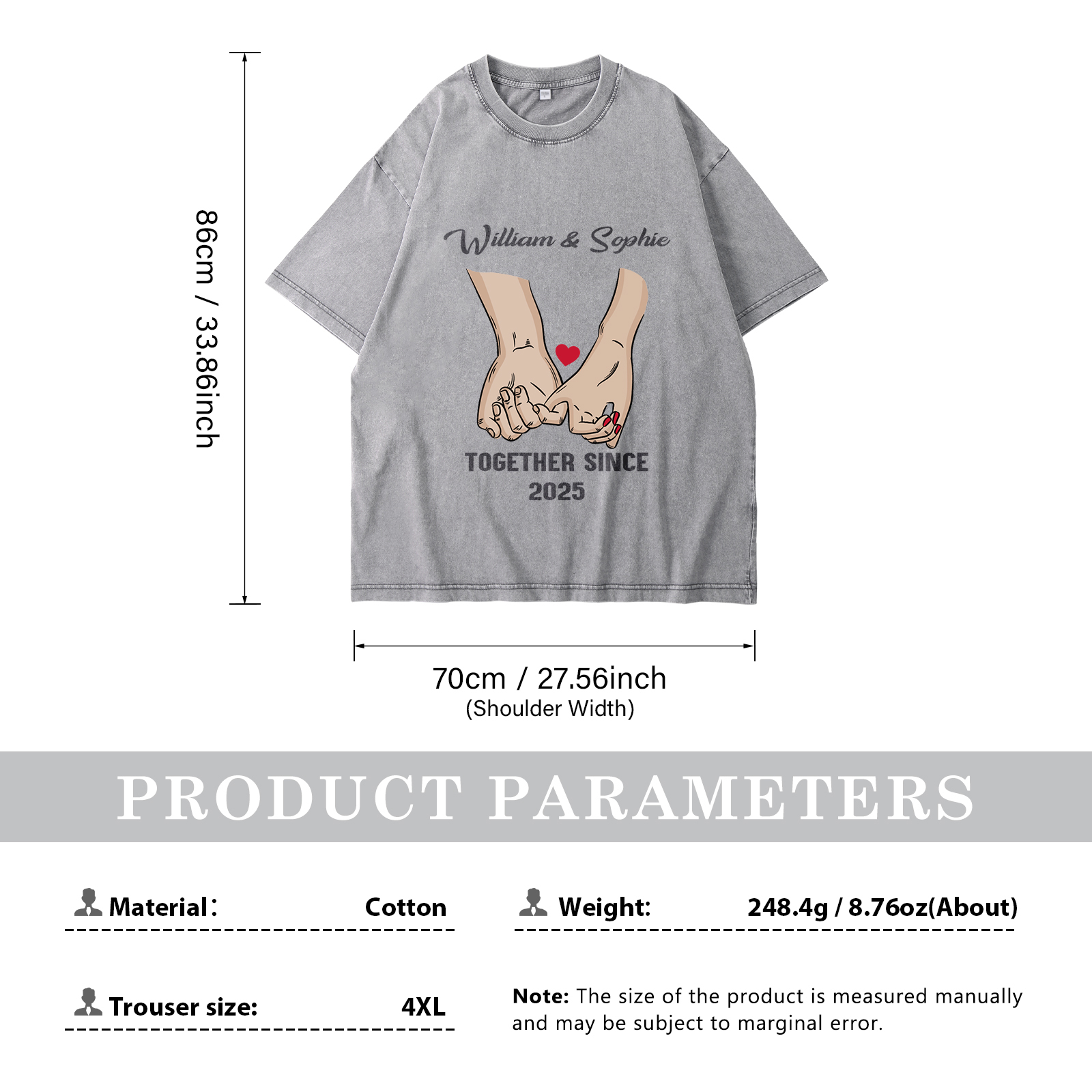 Personalised Couple T-Shirt –  with Custom 2 Names and 1 Date, Hand-in-Hand Graphic – "TOGETHER SINCE" | Valentine’s Day Gift for Him/Her | Jessemade