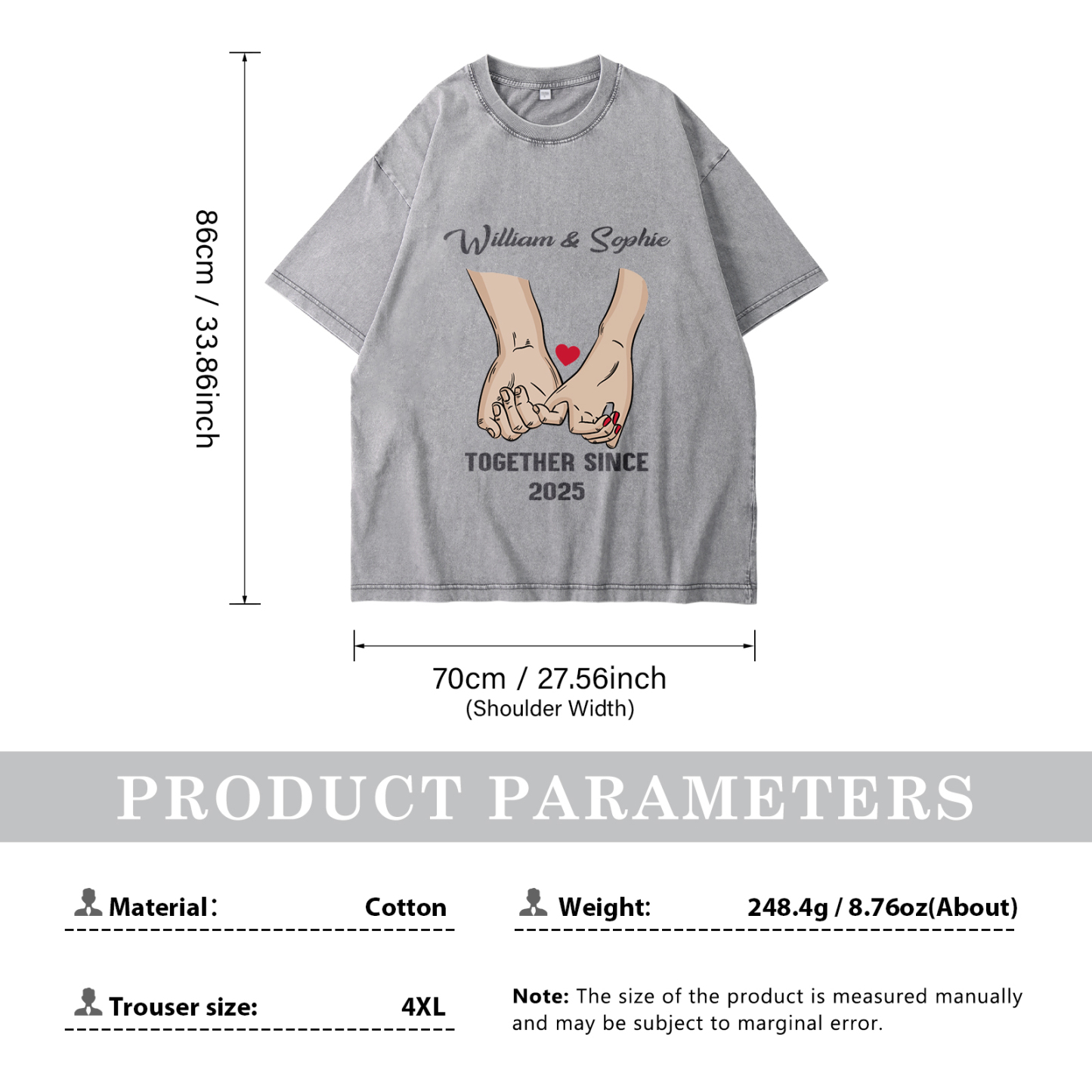 Personalised Couple T-Shirt –  with Custom 2 Names and 1 Date, Hand-in-Hand Graphic – "TOGETHER SINCE" | Valentine’s Day Gift for Him/Her | Jessemade