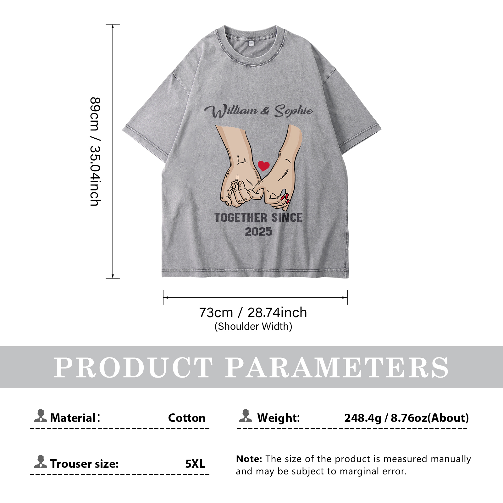 Personalised Couple T-Shirt –  with Custom 2 Names and 1 Date, Hand-in-Hand Graphic – "TOGETHER SINCE" | Valentine’s Day Gift for Him/Her | Jessemade