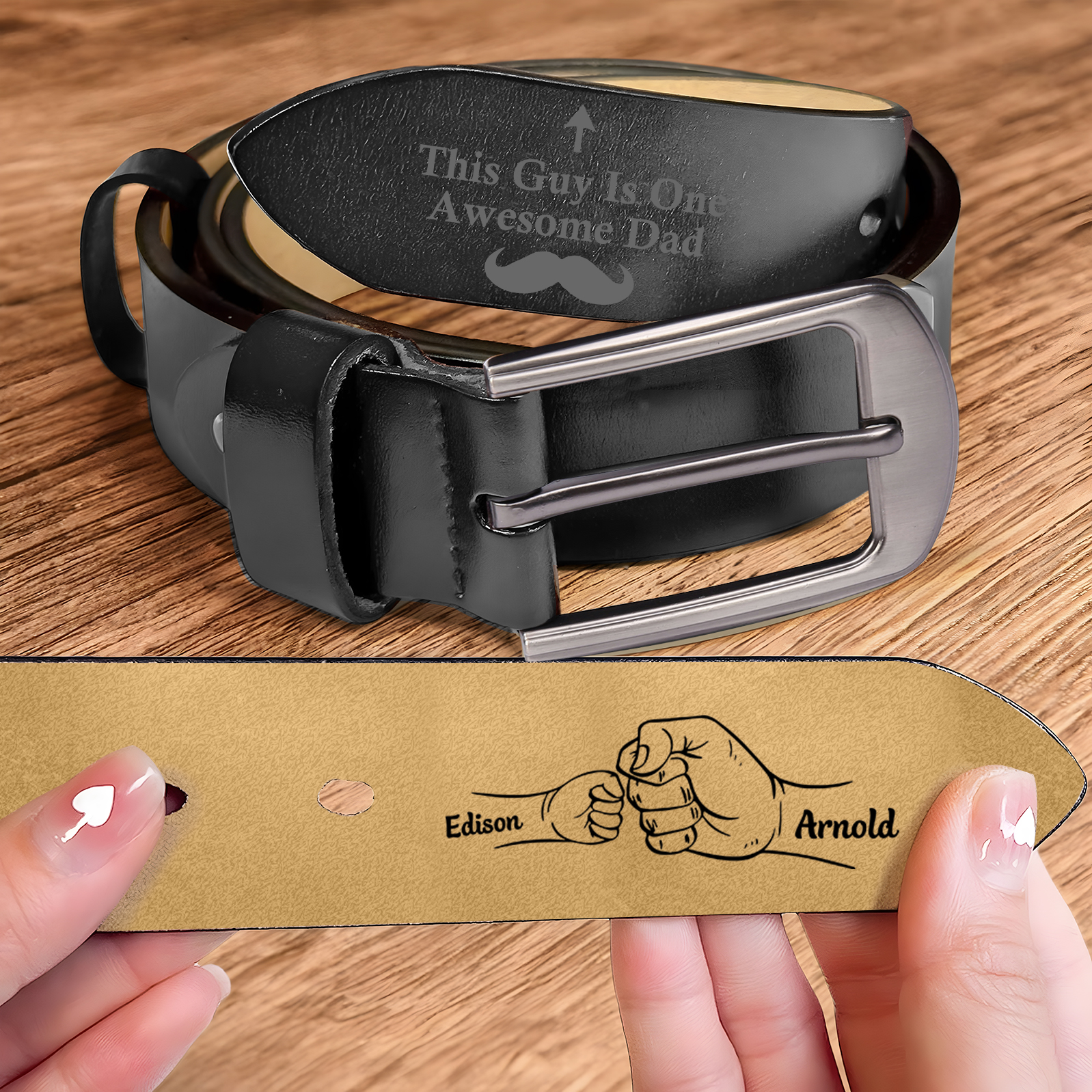 2 names - Personalized Father’s Day Belt "This Guy Is One Awesome Dad" – Custom Engraved Cowhide Leather Belt for Dad - Hidden Message & Name