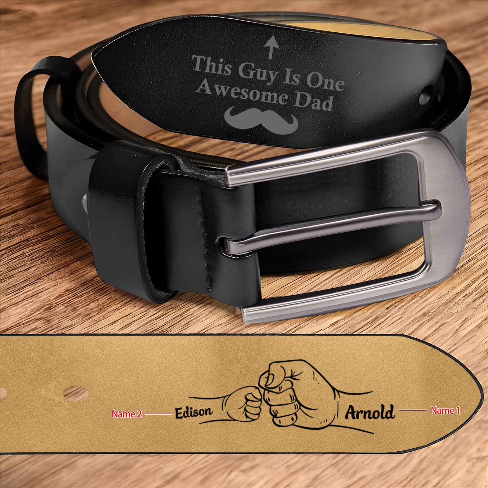 2 names - Personalized Father’s Day Belt "This Guy Is One Awesome Dad" – Custom Engraved Cowhide Leather Belt for Dad - Hidden Message & Name