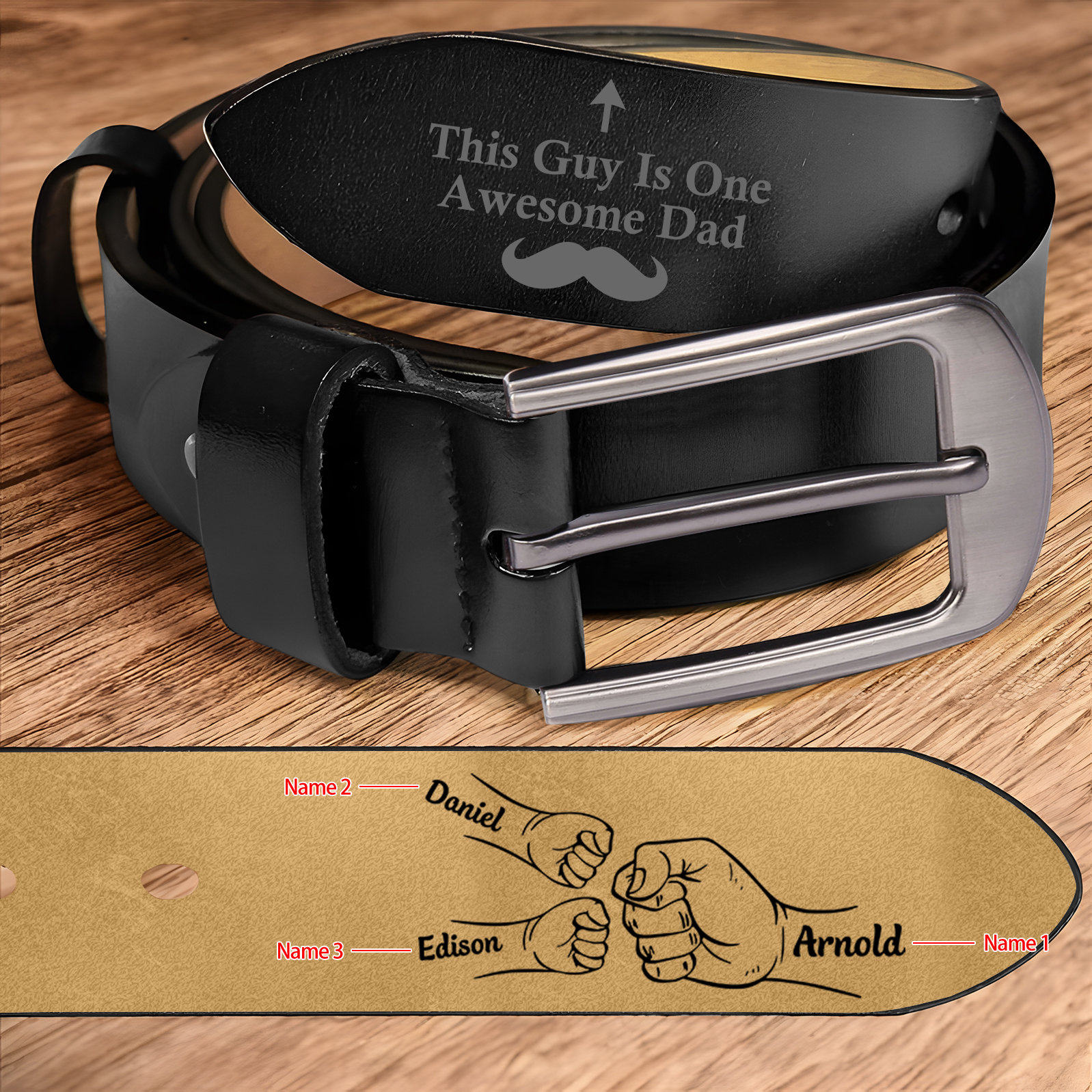 3 names - Personalized Father’s Day Belt "This Guy Is One Awesome Dad" – Custom Engraved Cowhide Leather Belt for Dad - Hidden Message & Name