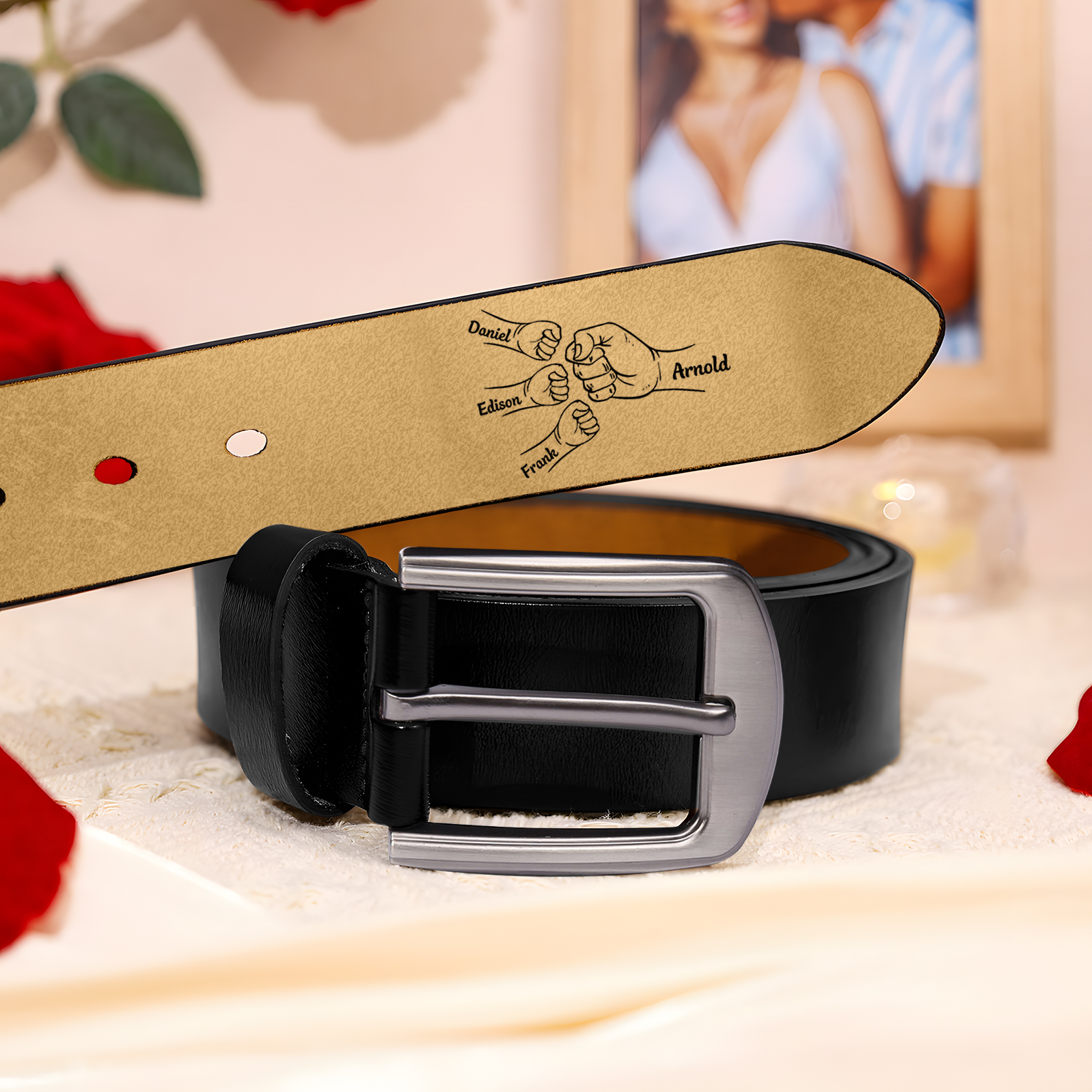 4 names - Personalized Father’s Day Belt "This Guy Is One Awesome Dad" – Custom Engraved Cowhide Leather Belt for Dad - Hidden Message & Name