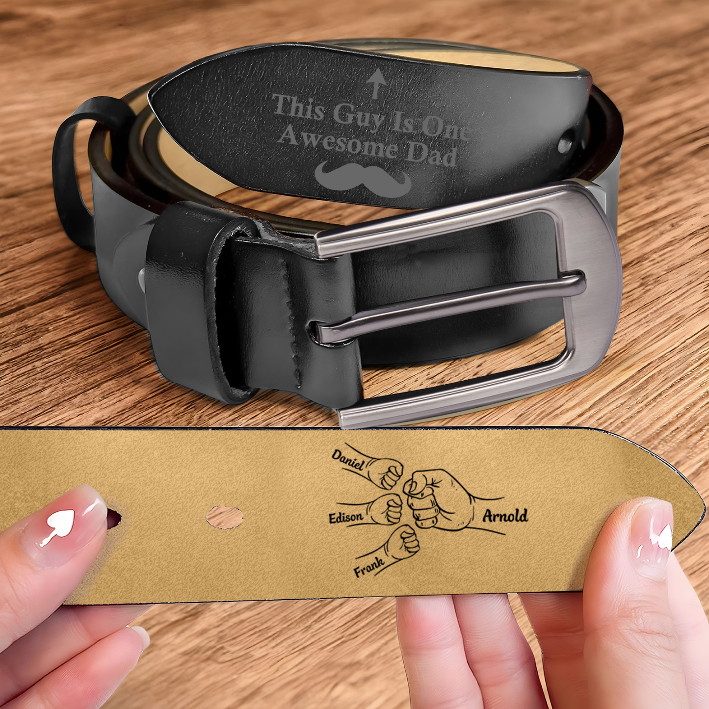 4 names - Personalized Father’s Day Belt "This Guy Is One Awesome Dad" – Custom Engraved Cowhide Leather Belt for Dad - Hidden Message & Name
