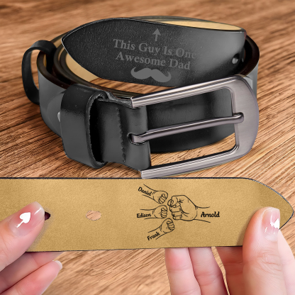 4 names - Personalized Father’s Day Belt "This Guy Is One Awesome Dad" – Custom Engraved Cowhide Leather Belt for Dad - Hidden Message & Name