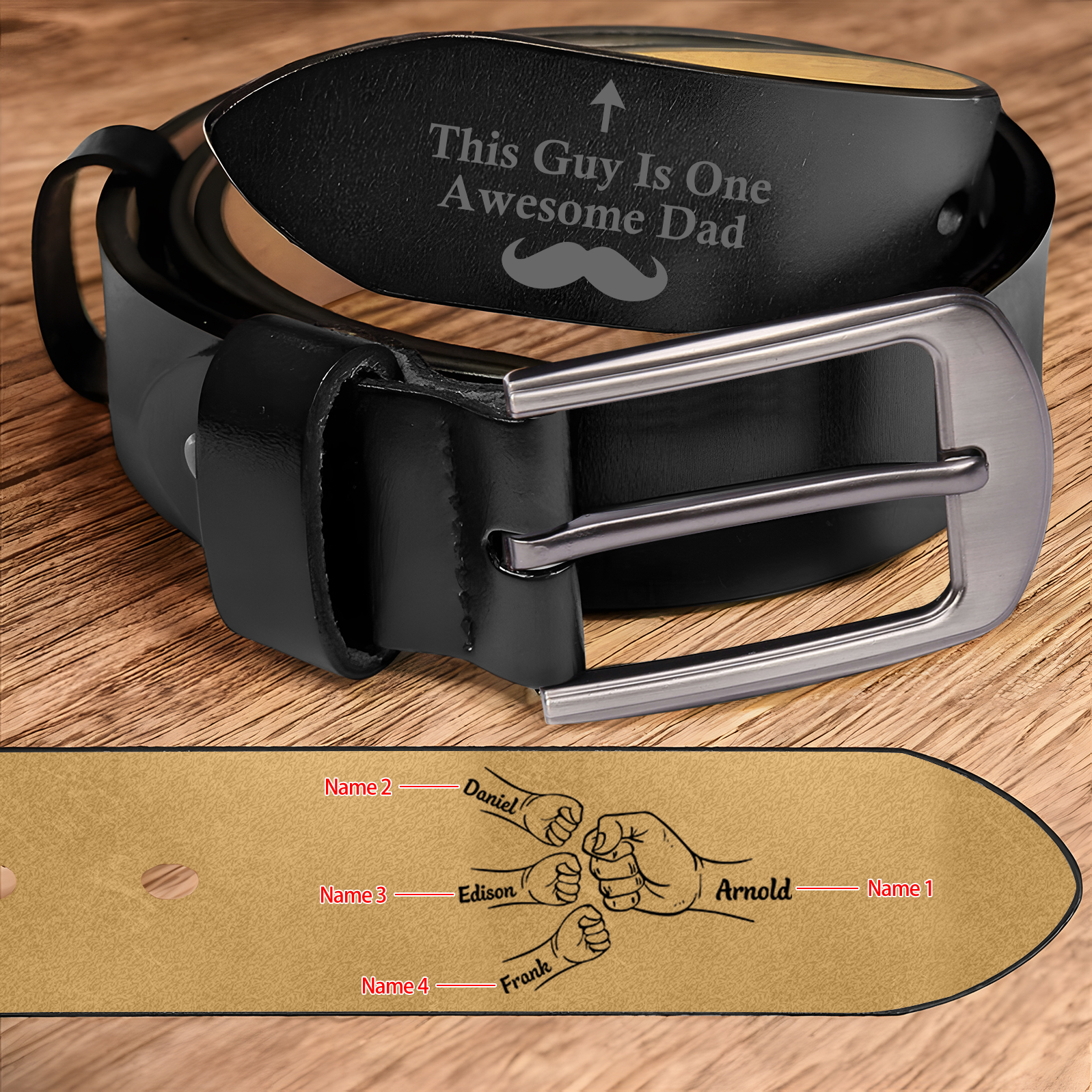 4 names - Personalized Father’s Day Belt "This Guy Is One Awesome Dad" – Custom Engraved Cowhide Leather Belt for Dad - Hidden Message & Name