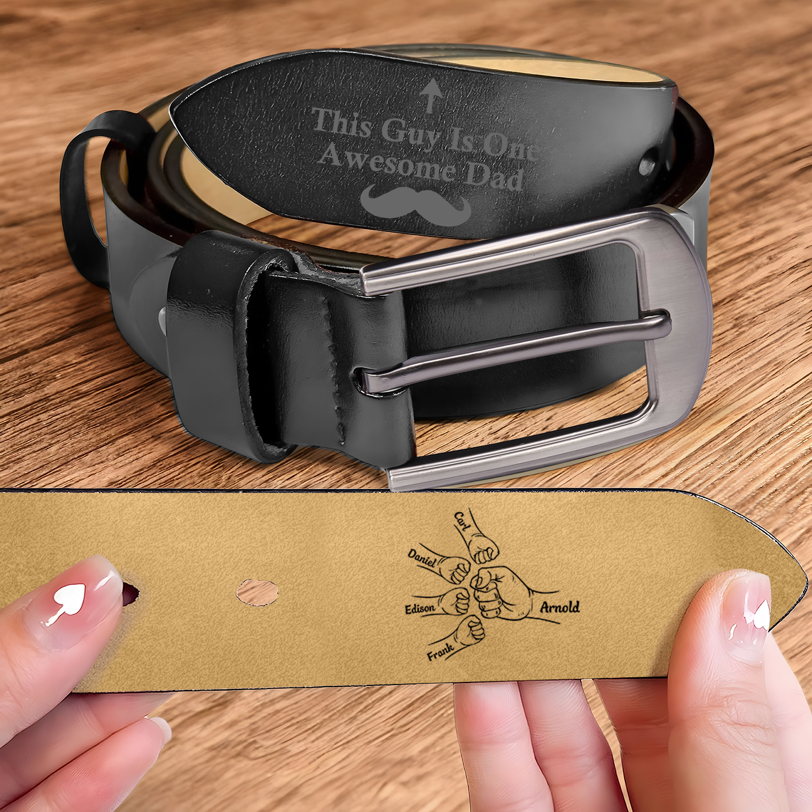 5 names - Personalized Father’s Day Belt "This Guy Is One Awesome Dad" – Custom Engraved Cowhide Leather Belt for Dad - Hidden Message & Name
