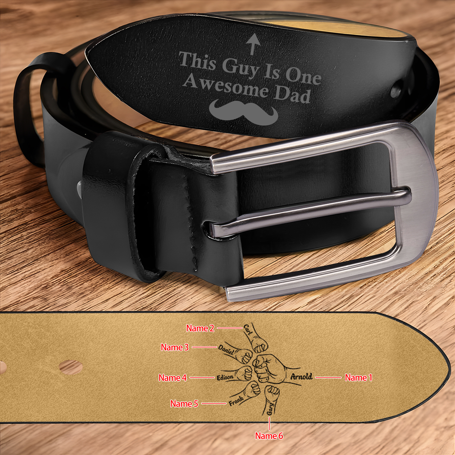 6 names - Personalized Father’s Day Belt "This Guy Is One Awesome Dad" – Custom Engraved Cowhide Leather Belt for Dad - Hidden Message & Name