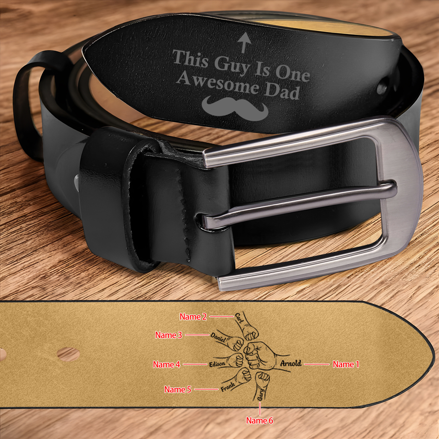 6 names - Personalized Father’s Day Belt "This Guy Is One Awesome Dad" – Custom Engraved Cowhide Leather Belt for Dad - Hidden Message & Name