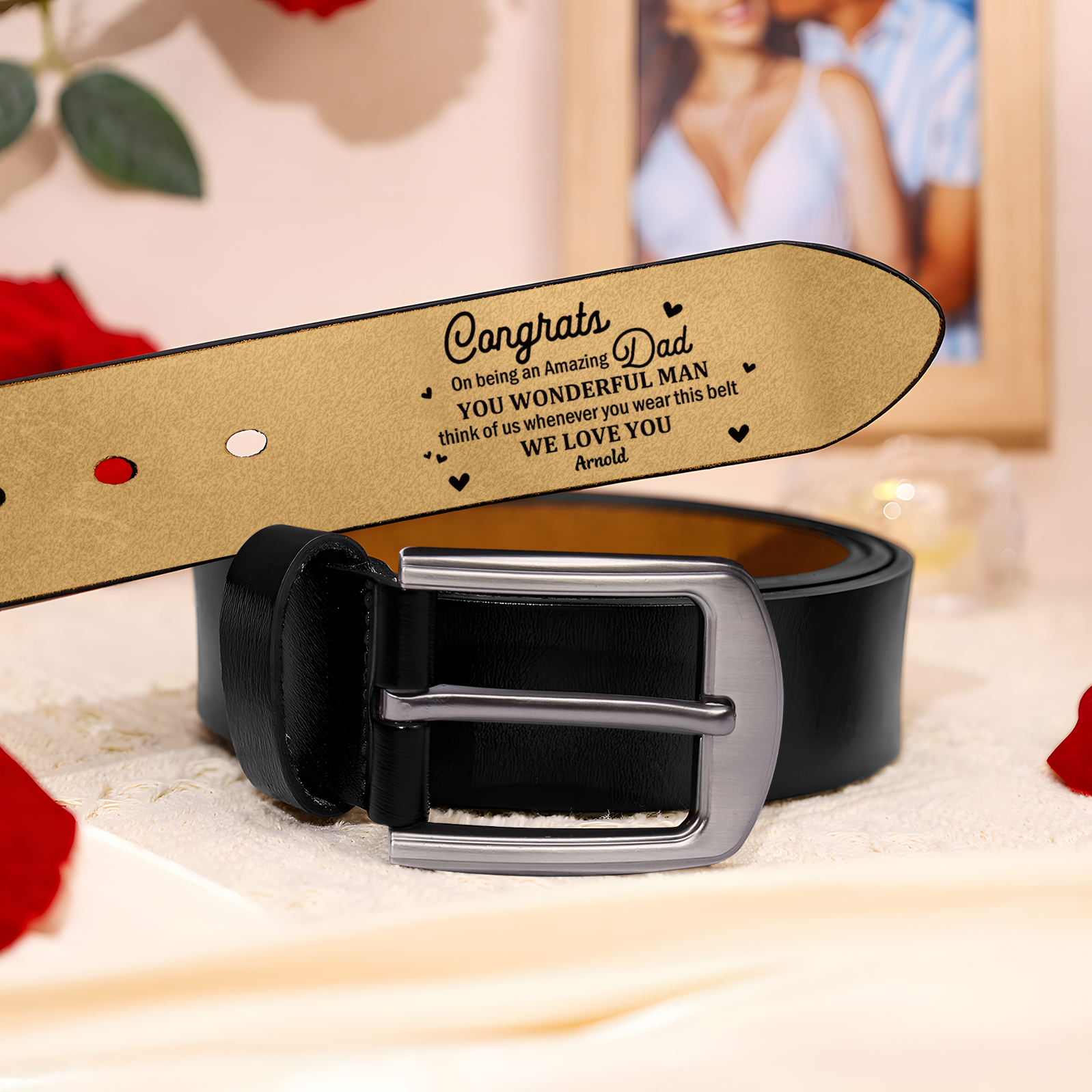1 name - Personalized Cowhide Leather Belt for Dad “Congrats on Being an Amazing Dad” – with Name & Emotional Engraving