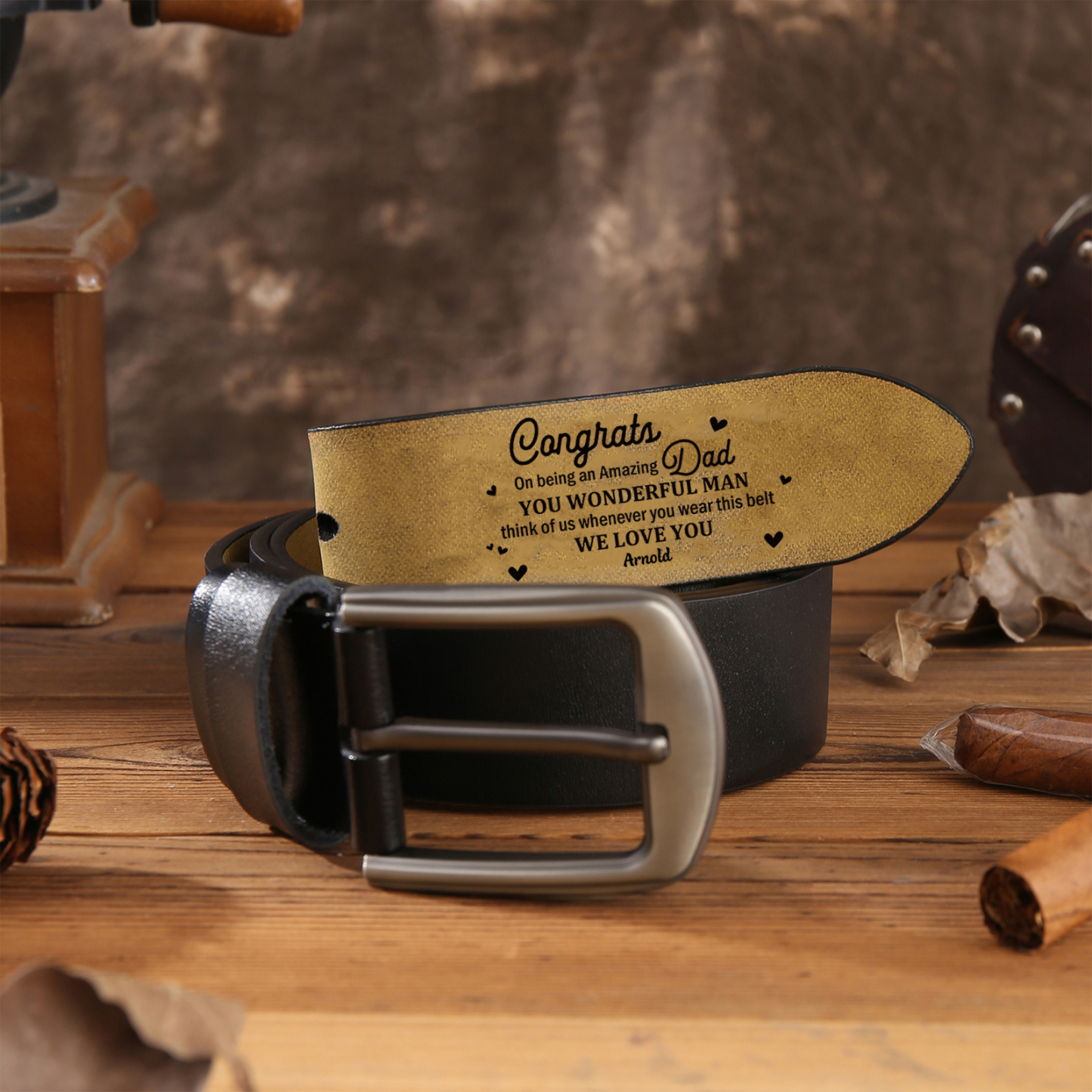 1 name - Personalized Cowhide Leather Belt for Dad “Congrats on Being an Amazing Dad” – with Name & Emotional Engraving