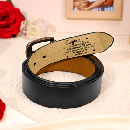 2 names - Personalized Cowhide Leather Belt for Dad “Congrats on Being an Amazing Dad” – with Name & Emotional Engraving