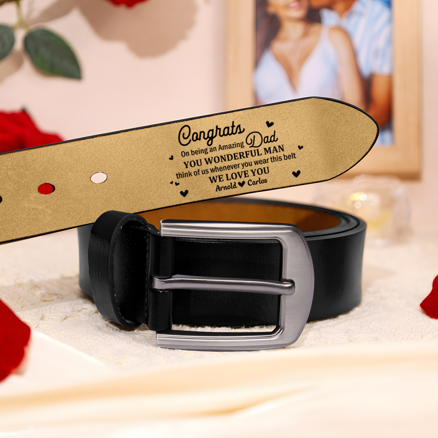 2 names - Personalized Cowhide Leather Belt for Dad “Congrats on Being an Amazing Dad” – with Name & Emotional Engraving