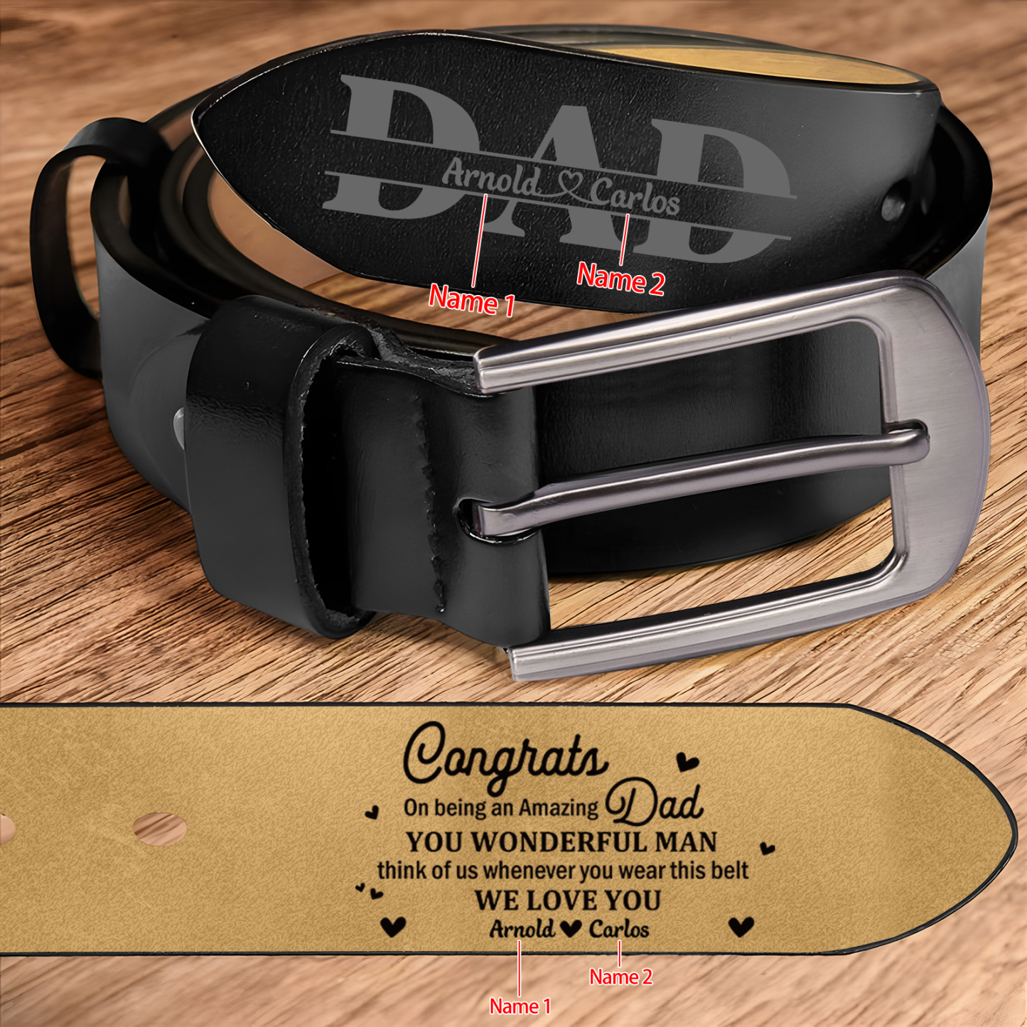2 names - Personalized Cowhide Leather Belt for Dad “Congrats on Being an Amazing Dad” – with Name & Emotional Engraving