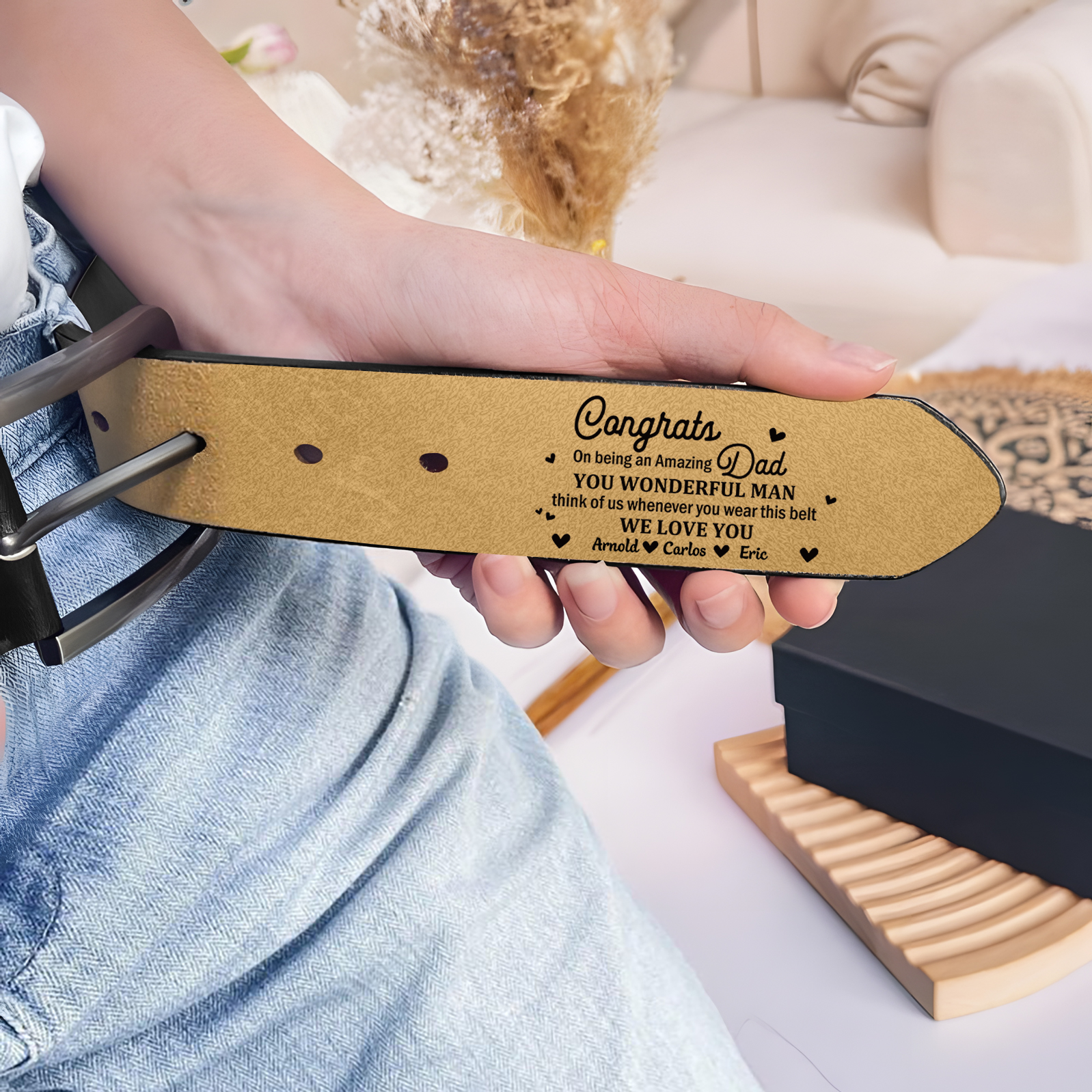3 names - Personalized Cowhide Leather Belt for Dad “Congrats on Being an Amazing Dad” – with Name & Emotional Engraving