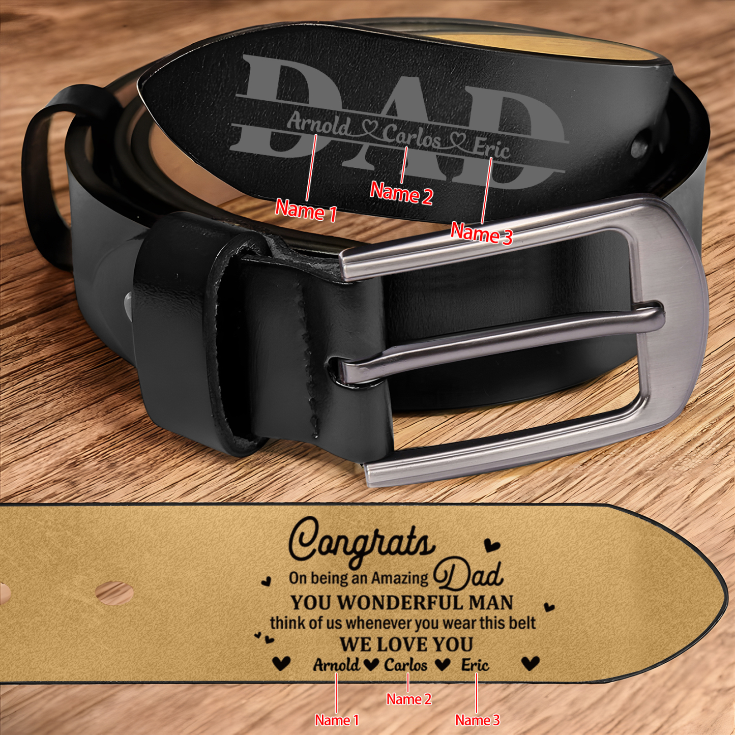 3 names - Personalized Cowhide Leather Belt for Dad “Congrats on Being an Amazing Dad” – with Name & Emotional Engraving