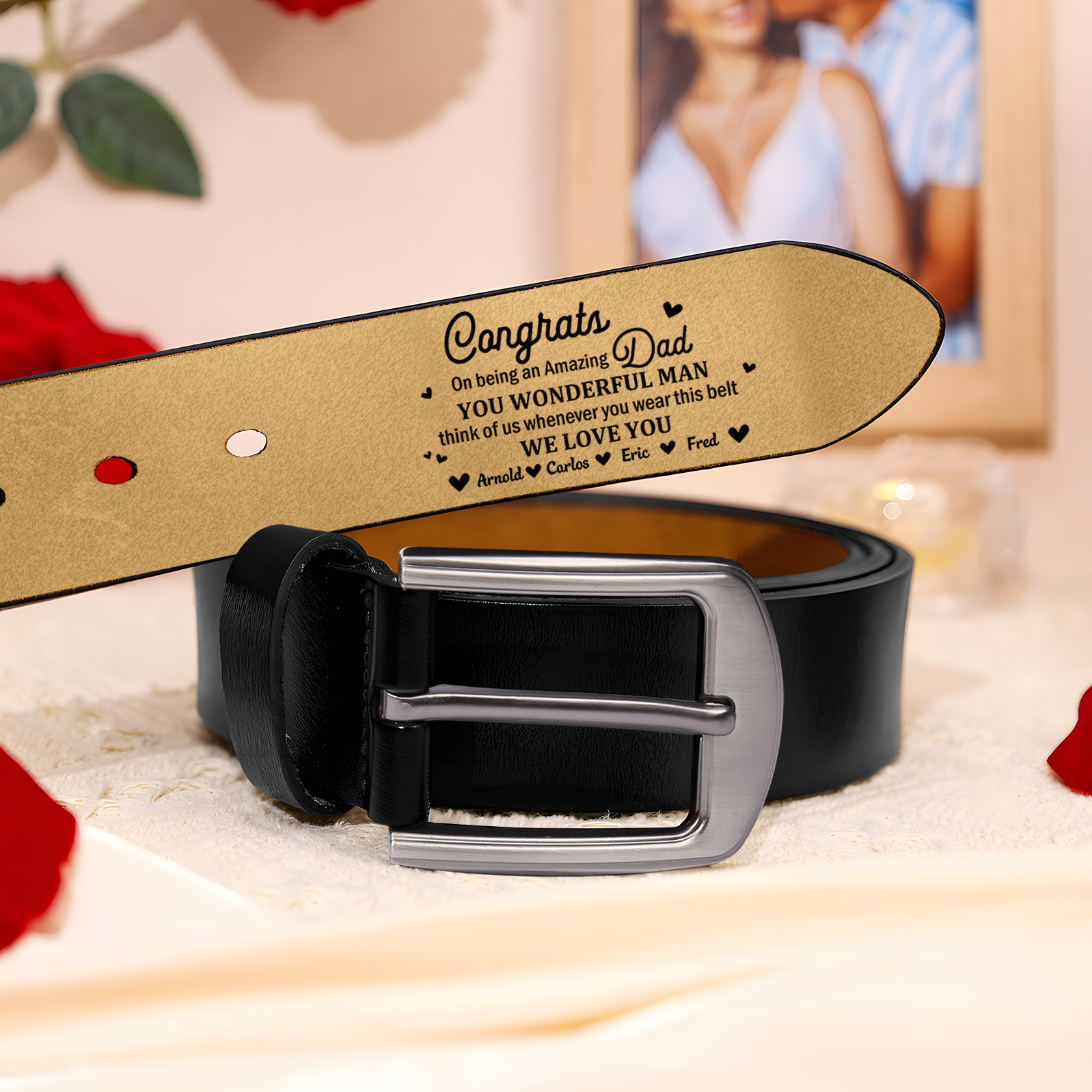 4 names - Personalized Cowhide Leather Belt for Dad “Congrats on Being an Amazing Dad” – with Name & Emotional Engraving