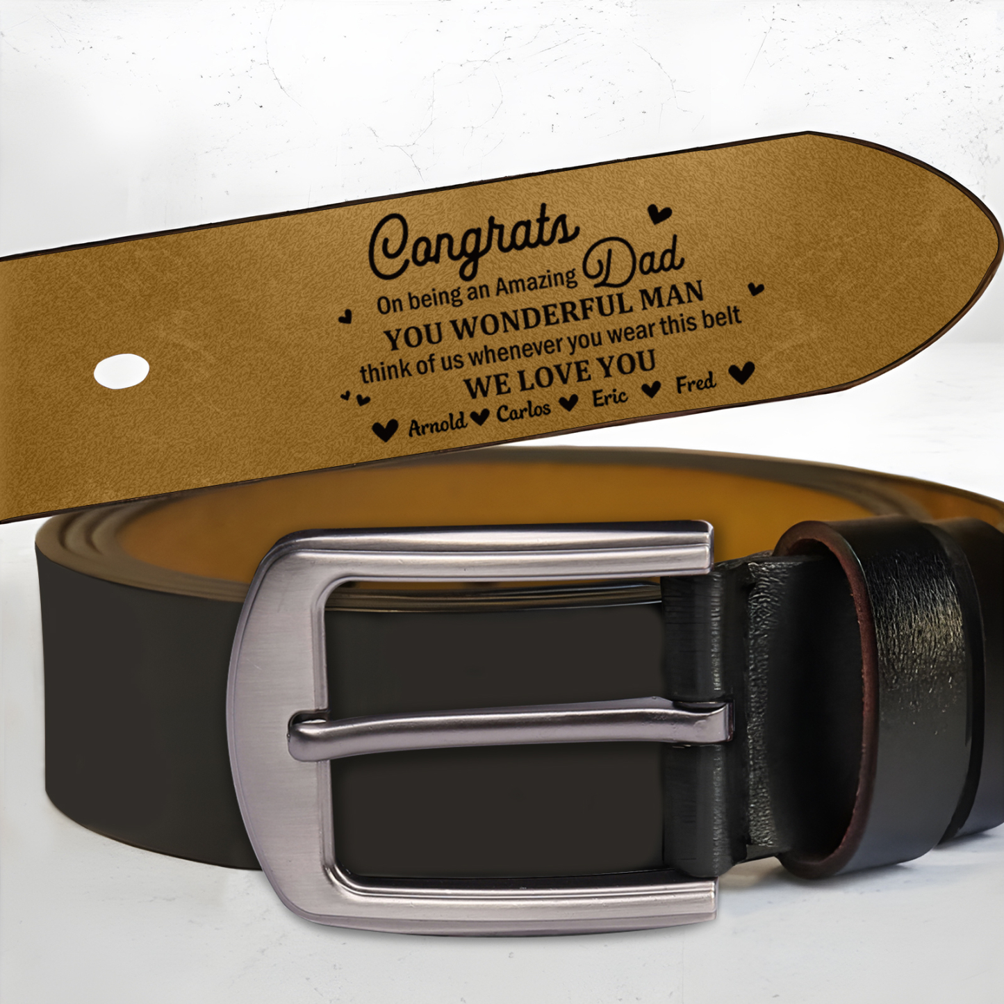 4 names - Personalized Cowhide Leather Belt for Dad “Congrats on Being an Amazing Dad” – with Name & Emotional Engraving