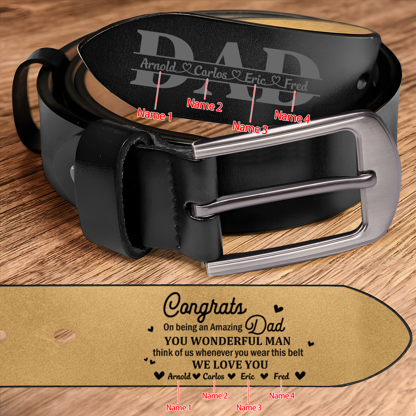 4 names - Personalized Cowhide Leather Belt for Dad “Congrats on Being an Amazing Dad” – with Name & Emotional Engraving