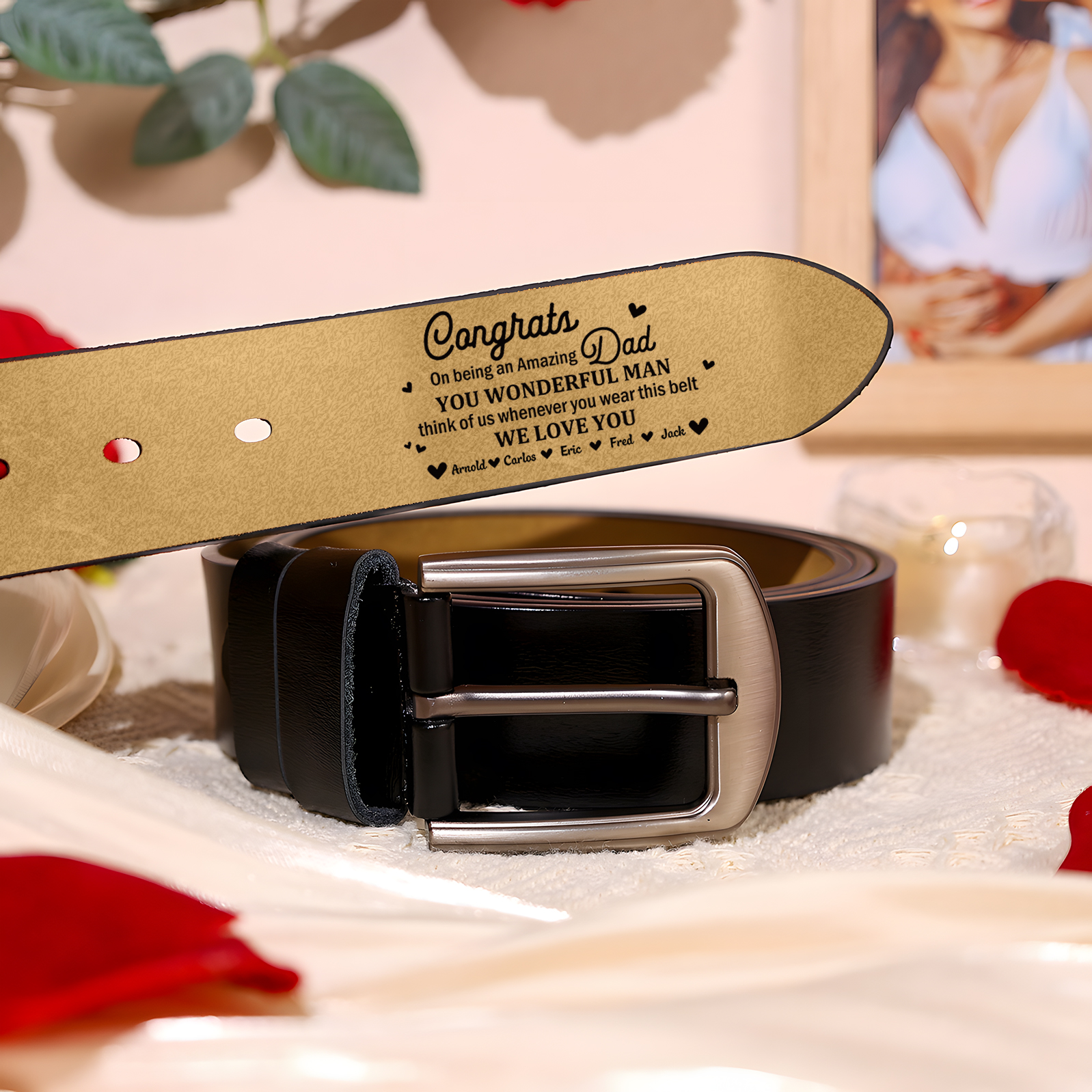 5 names - Personalized Cowhide Leather Belt for Dad “Congrats on Being an Amazing Dad” – with Name & Emotional Engraving