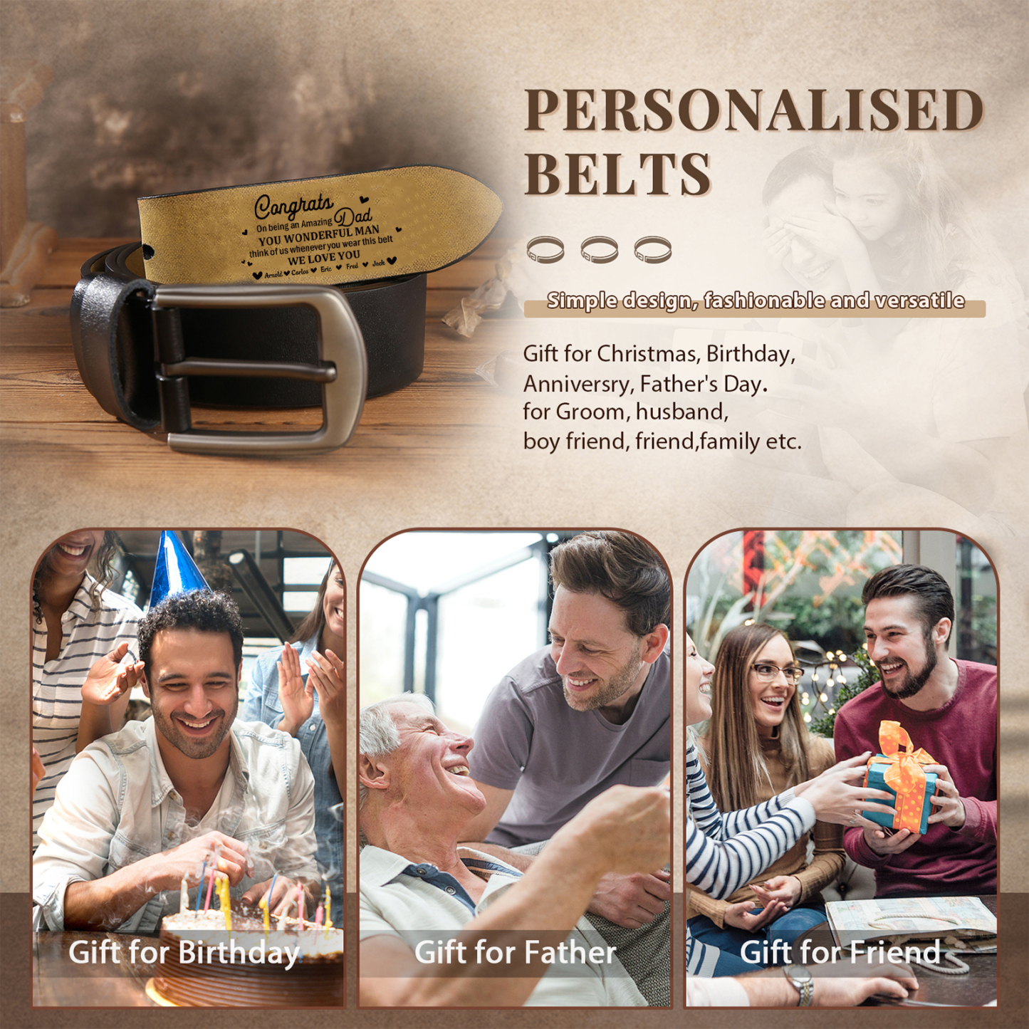 5 names - Personalized Cowhide Leather Belt for Dad “Congrats on Being an Amazing Dad” – with Name & Emotional Engraving