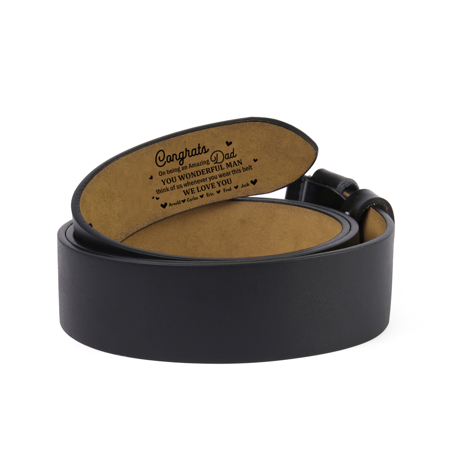 5 names - Personalized Cowhide Leather Belt for Dad “Congrats on Being an Amazing Dad” – with Name & Emotional Engraving