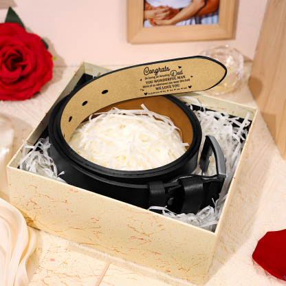 6 names - Personalized Cowhide Leather Belt for Dad “Congrats on Being an Amazing Dad” – with Name & Emotional Engraving