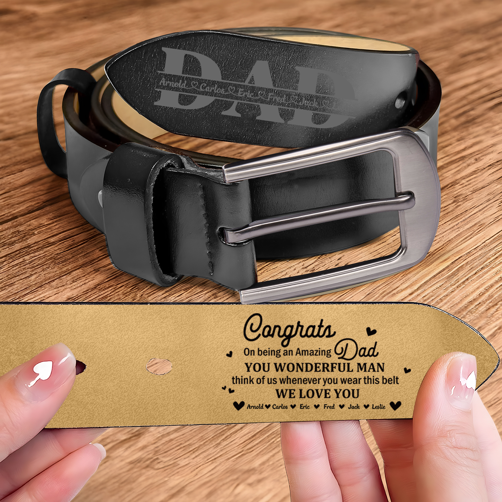 6 names - Personalized Cowhide Leather Belt for Dad “Congrats on Being an Amazing Dad” – with Name & Emotional Engraving