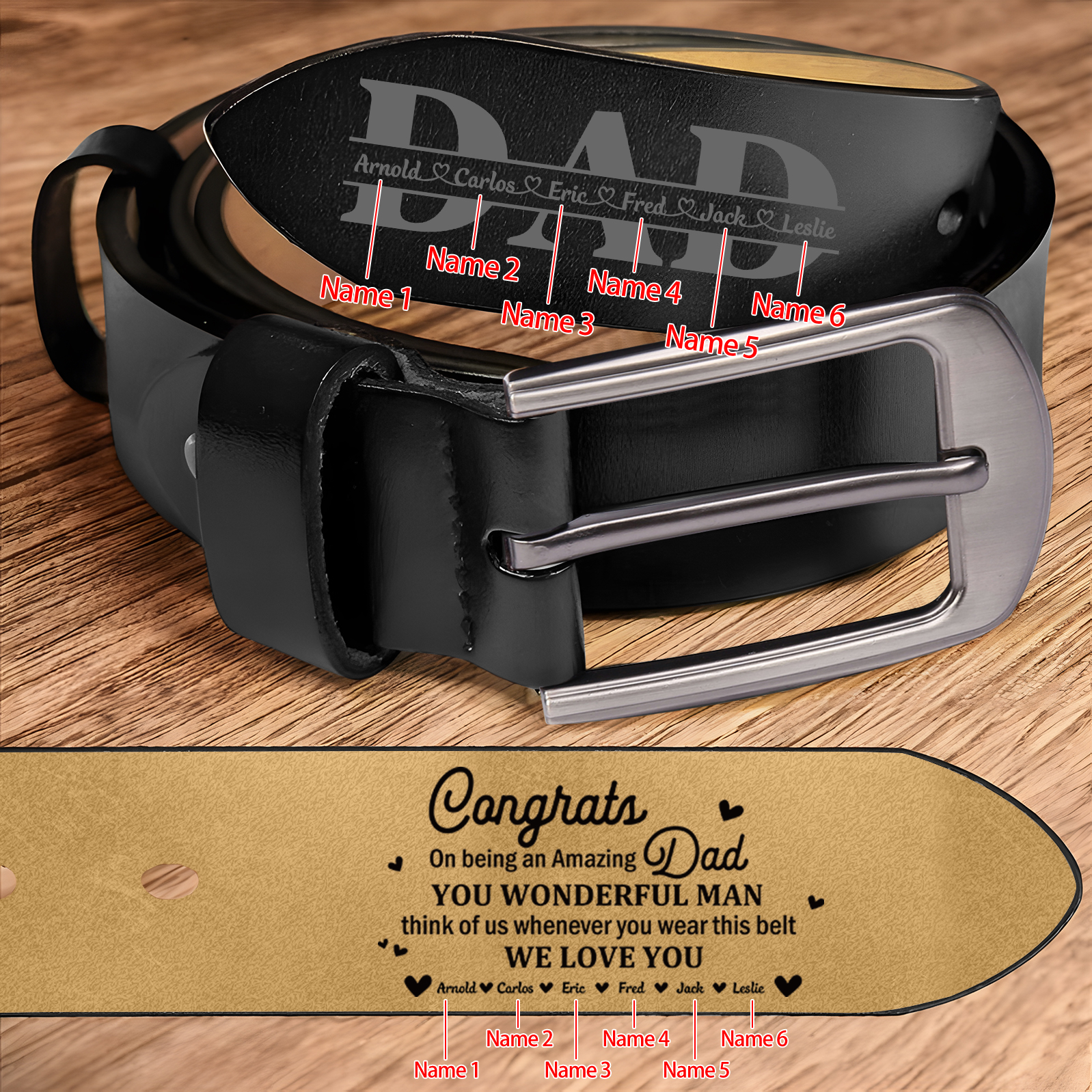 6 names - Personalized Cowhide Leather Belt for Dad “Congrats on Being an Amazing Dad” – with Name & Emotional Engraving