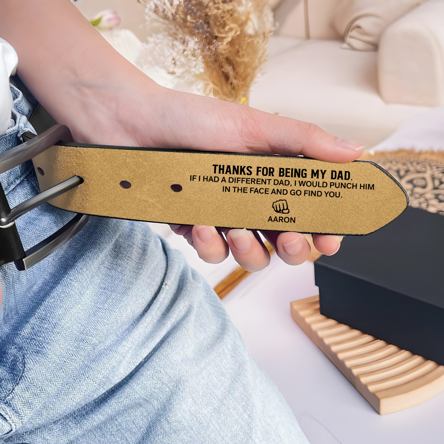 2 names - Personalized Father’s Day Belt – Custom Engraved Cowhide Leather Belt for Dad - Hidden Message & Name