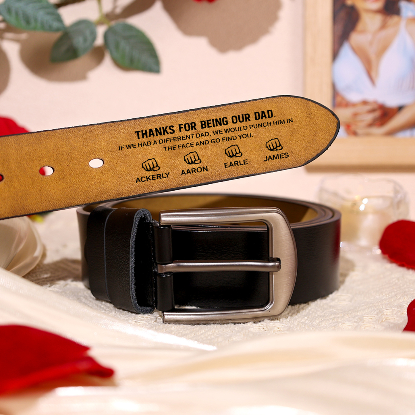 5 names - Personalized Father’s Day Belt – Custom Engraved Cowhide Leather Belt for Dad - Hidden Message & Name