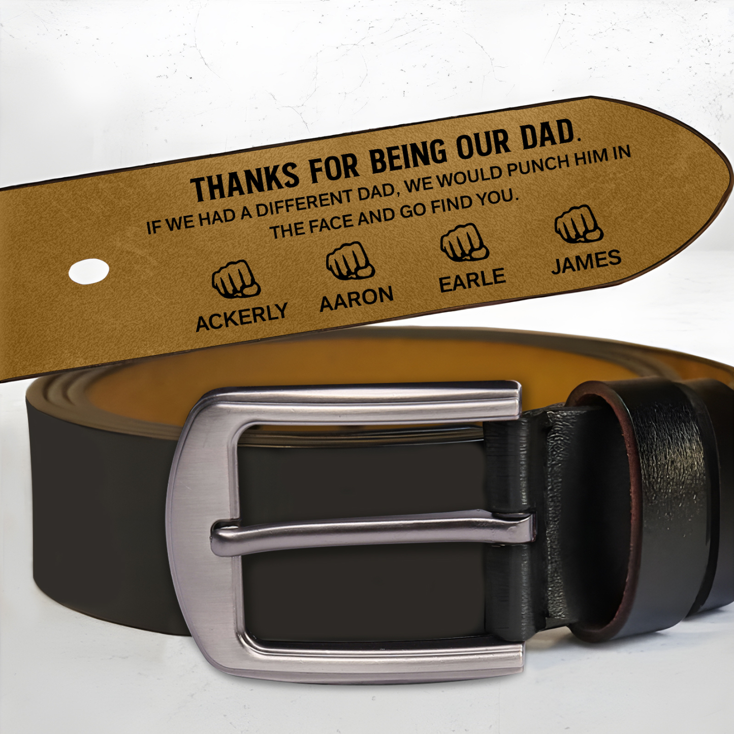 4 names - Personalized Father’s Day Belt – Custom Engraved Cowhide Lea