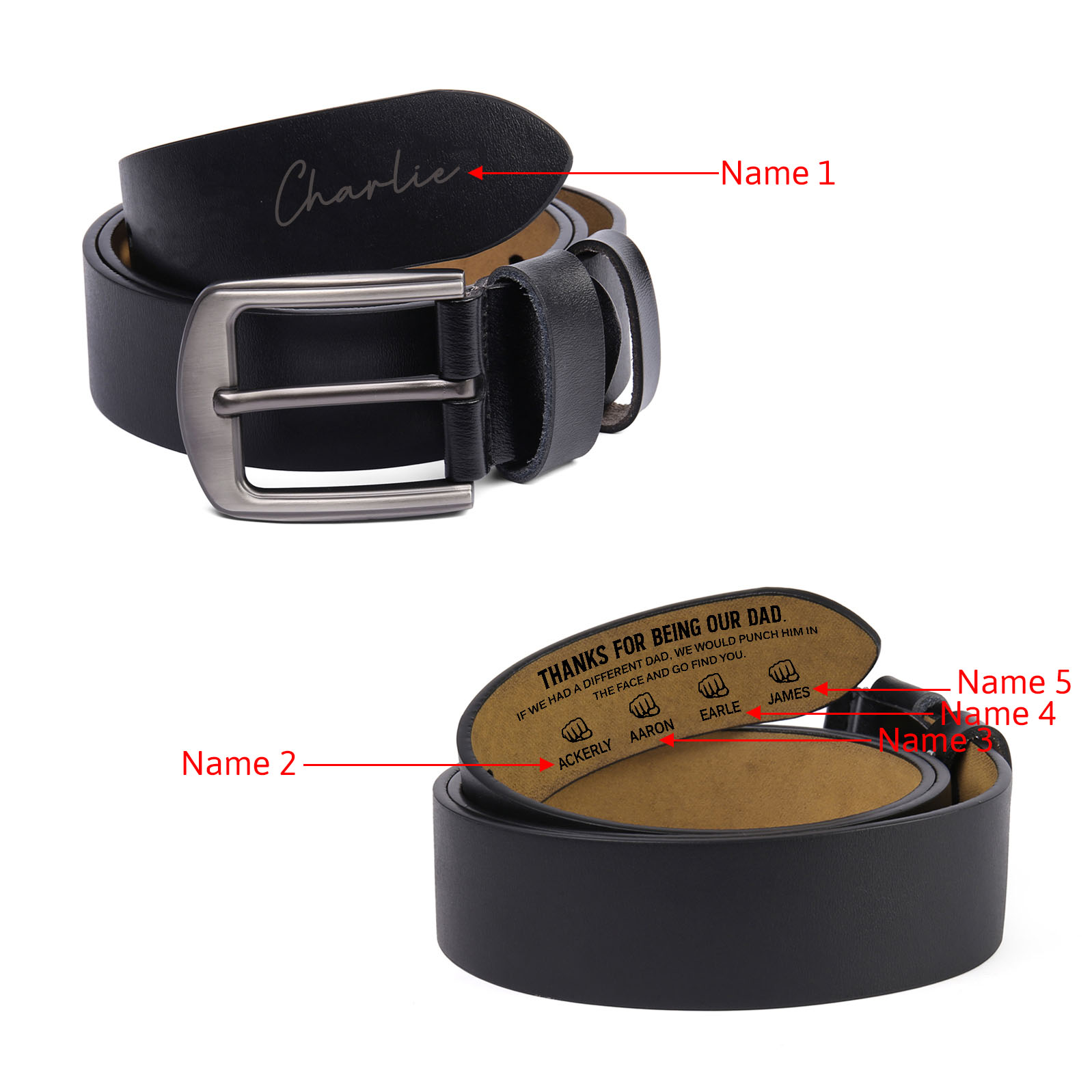 5 names - Personalized Father’s Day Belt – Custom Engraved Cowhide Leather Belt for Dad - Hidden Message & Name