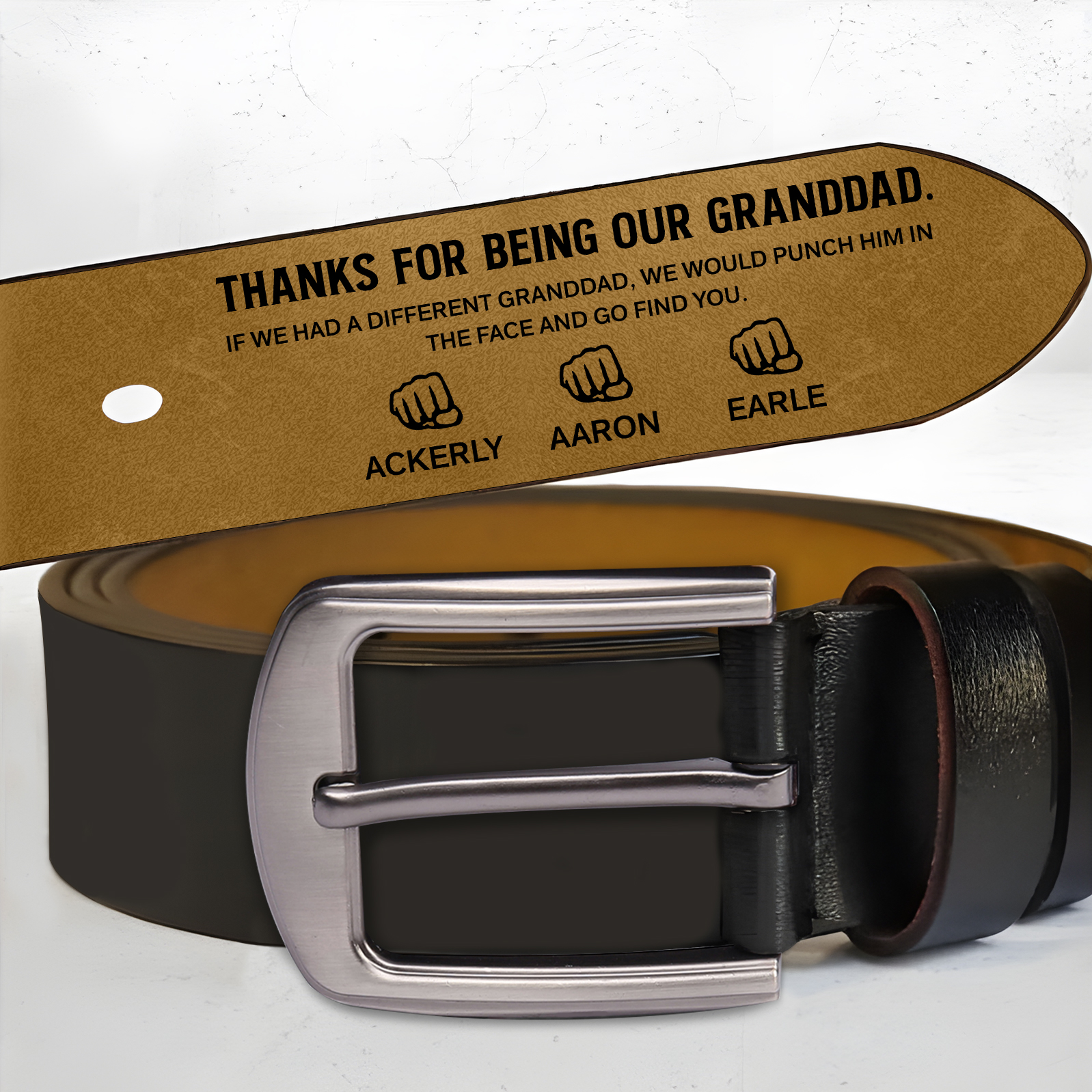 4 names - Personalized Father’s Day Belt – Custom Engraved Cowhide Leather Belt for Dad - Hidden Message & Name