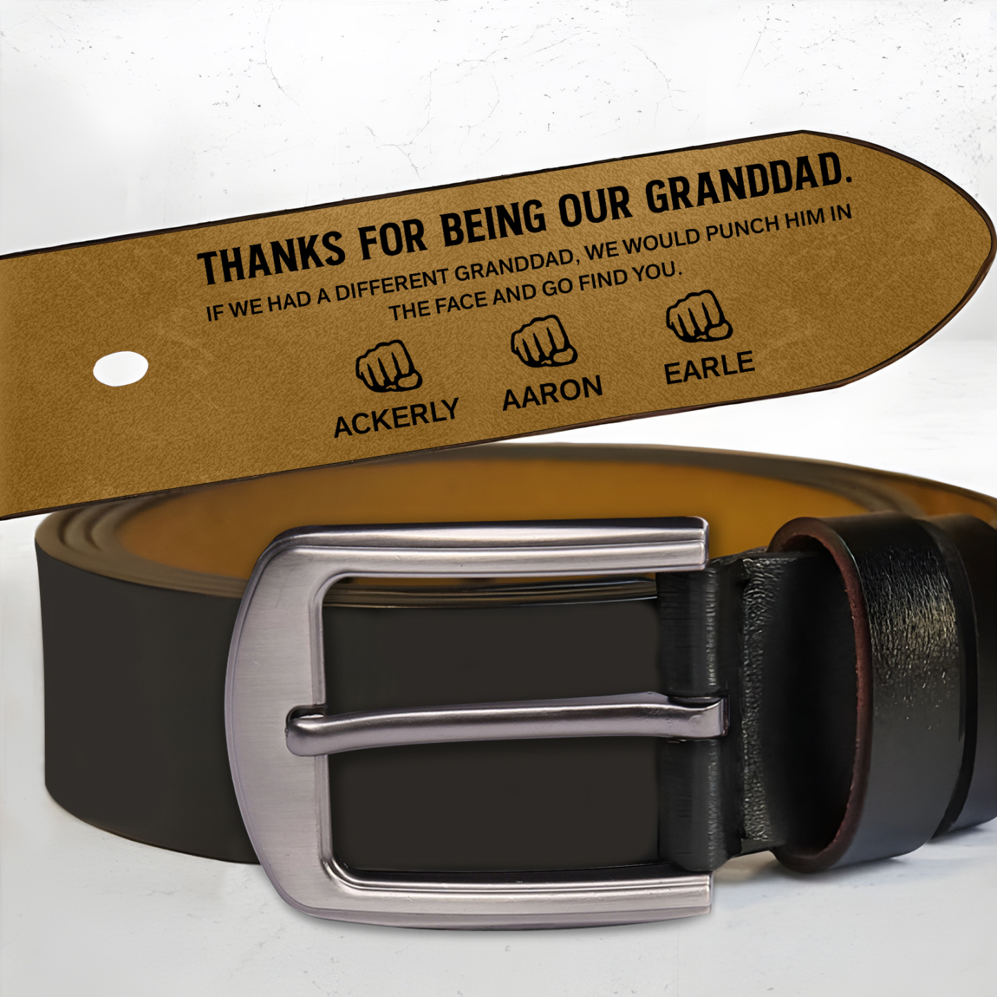 4 names - Personalized Father’s Day Belt – Custom Engraved Cowhide Leather Belt for Dad - Hidden Message & Name