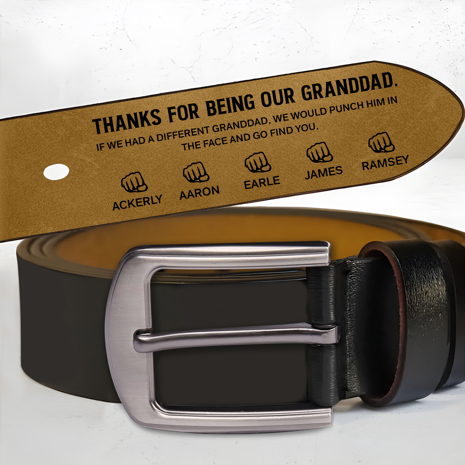6 names - Personalized Father’s Day Belt – Custom Engraved Cowhide Leather Belt for Dad - Hidden Message & Name