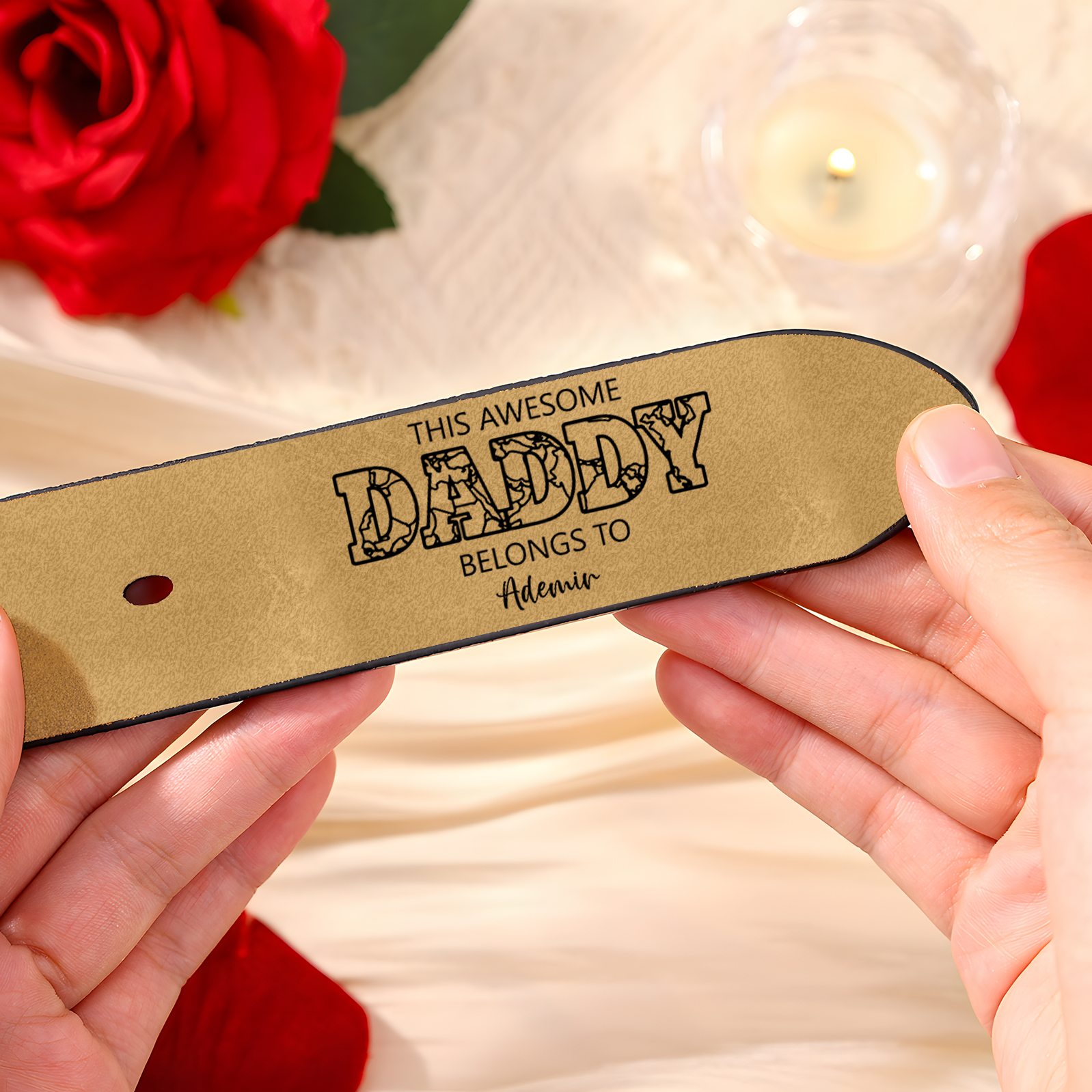 2 names - Personalized Father’s Day Belt – Custom Engraved Cowhide Leather Belt for Dad - Hidden Message & Name