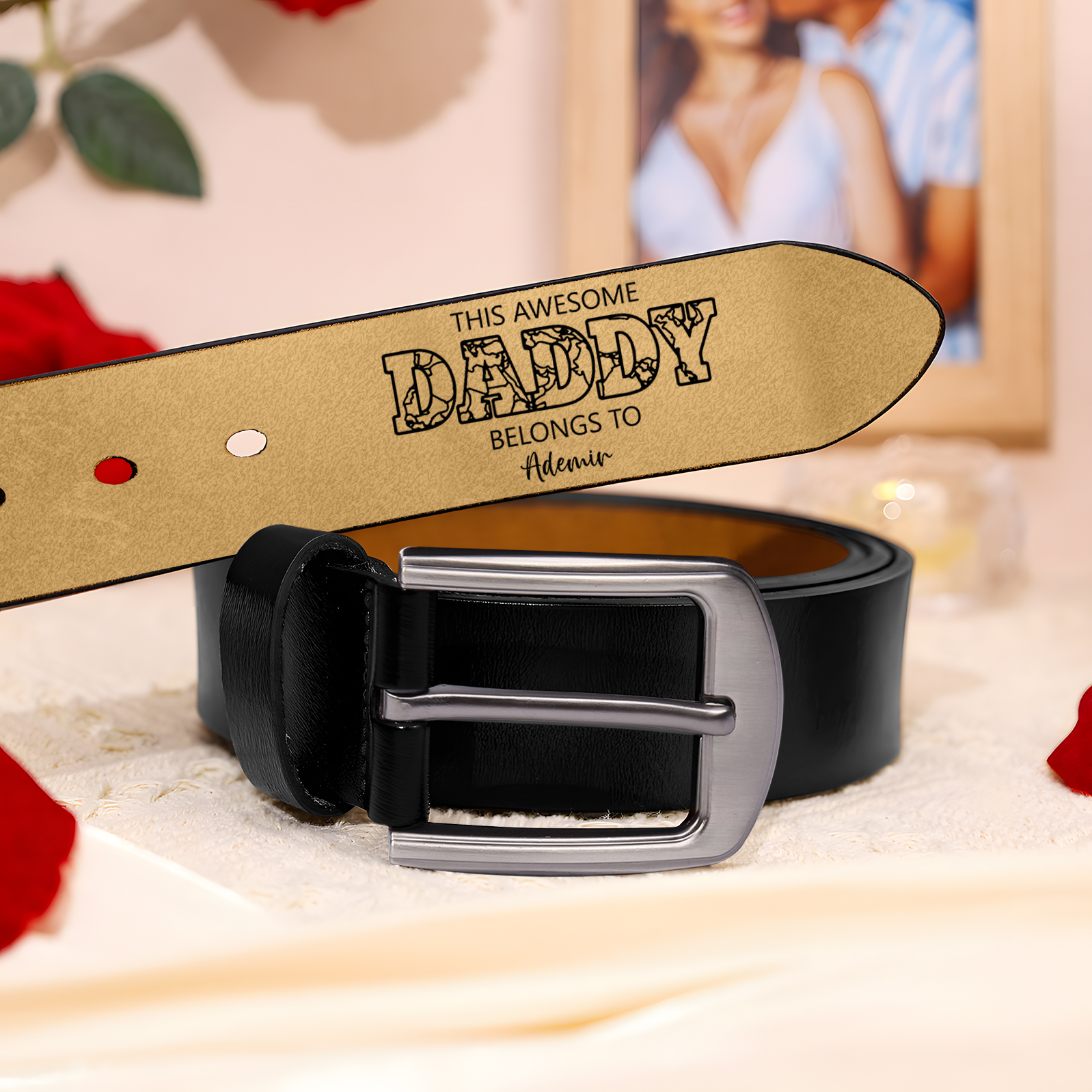 2 names - Personalized Father’s Day Belt – Custom Engraved Cowhide Leather Belt for Dad - Hidden Message & Name