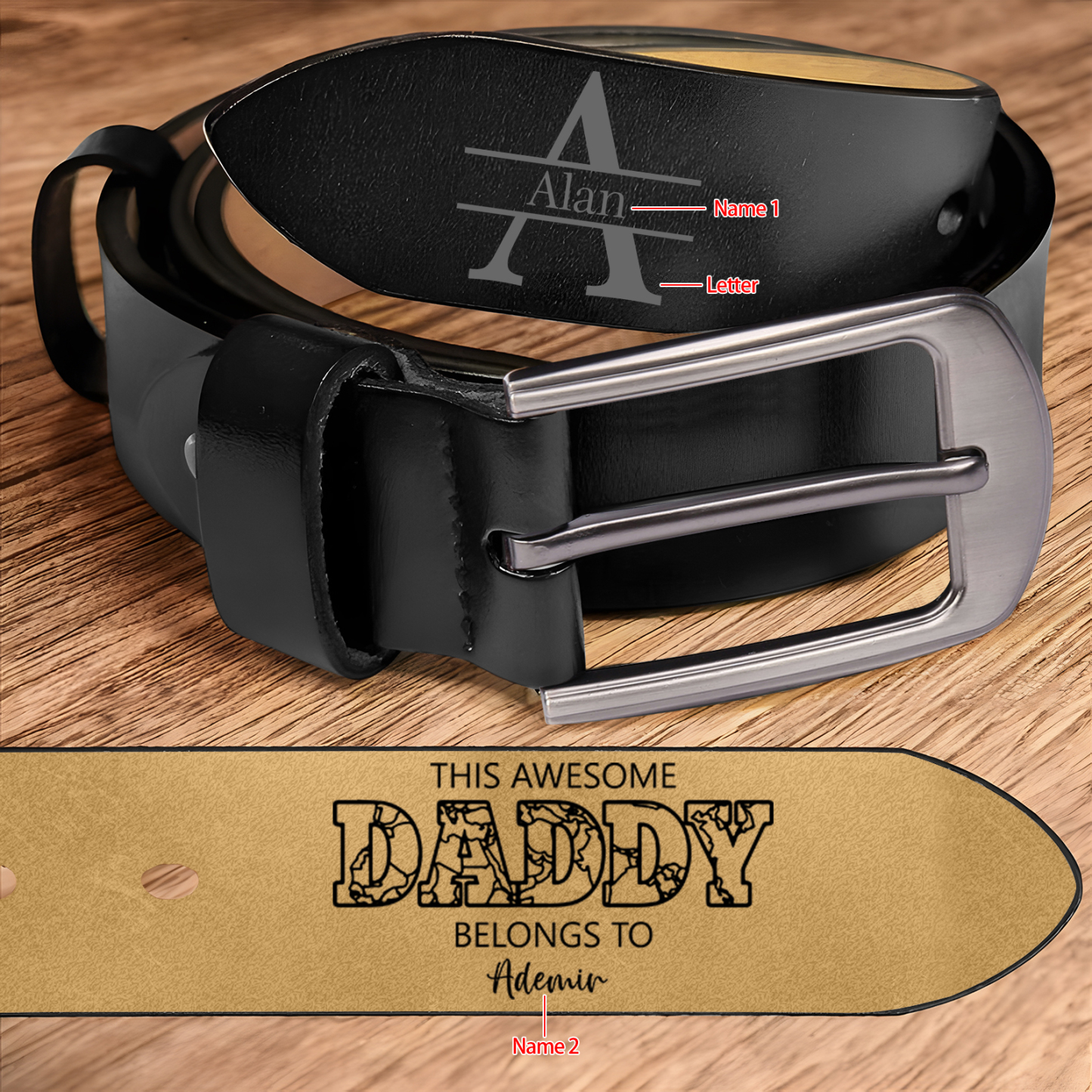 2 names - Personalized Father’s Day Belt – Custom Engraved Cowhide Leather Belt for Dad - Hidden Message & Name